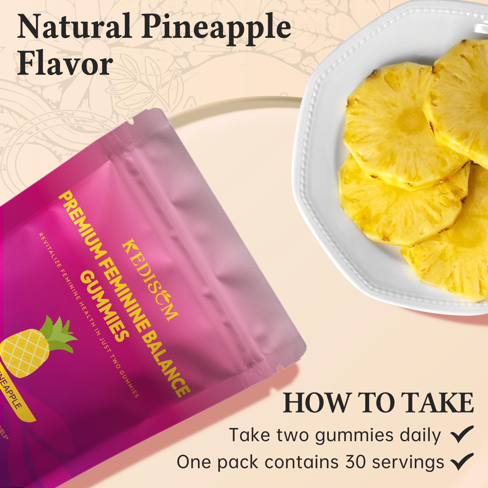 KEDISOM Premium Feminine Balance Gummies - for Women’s Health & Wellness - Immune Support - Vegan, Gluten-Free - Hawaiian Pineapple - 60 Gummies - 30 Servings KEDISOM Au supplements