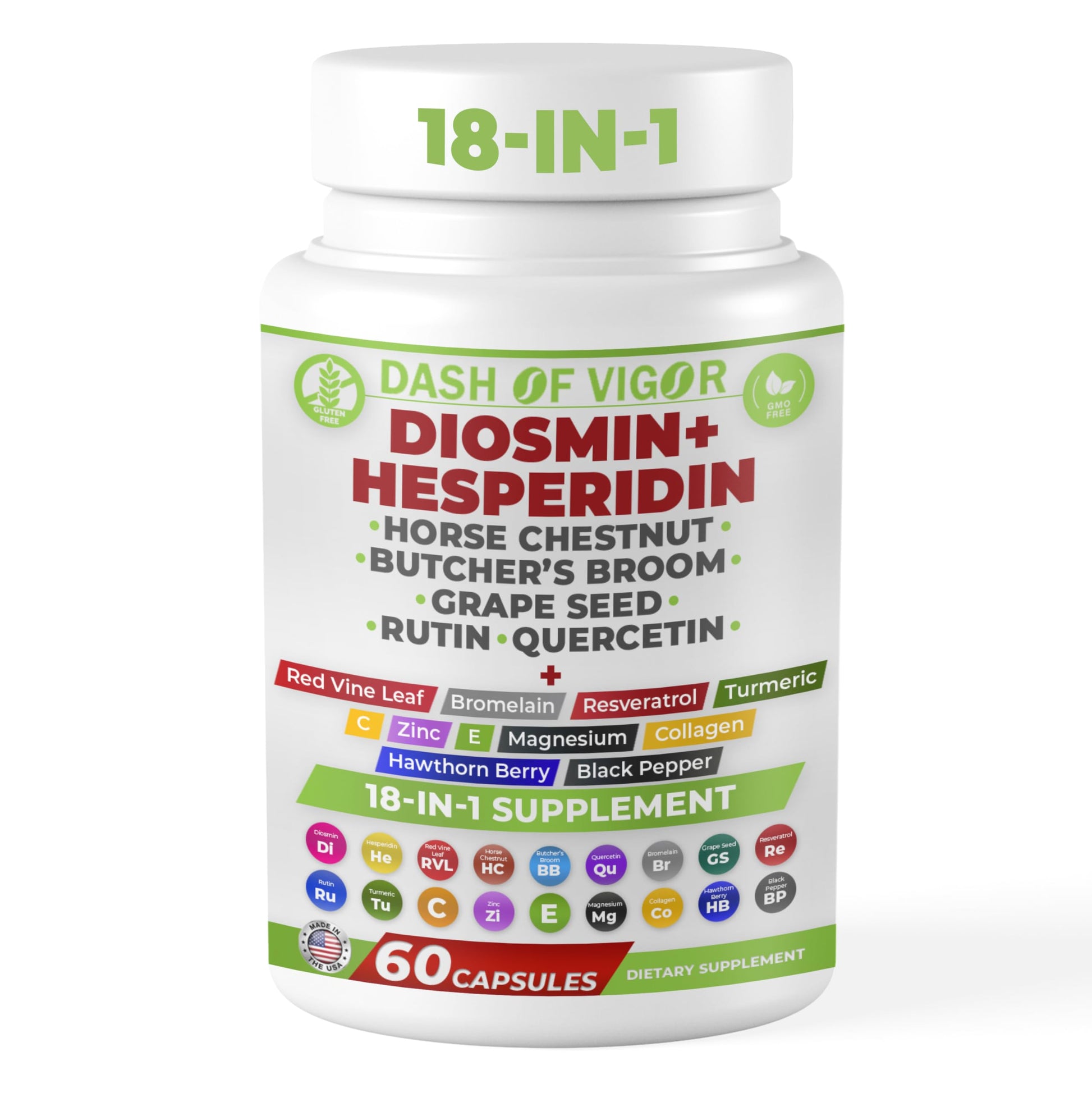 Dash of Vigor 18-in-1 Diosmin Hesperidin Supplement, Quercetin with Bromelain, Zinc, Vitamin C with Rutin Supplement, Horse Chestnut Extract, Butcher's Broom Extract, USA, 60 Capsules DASH OF VIGOR DOFV Au supplements