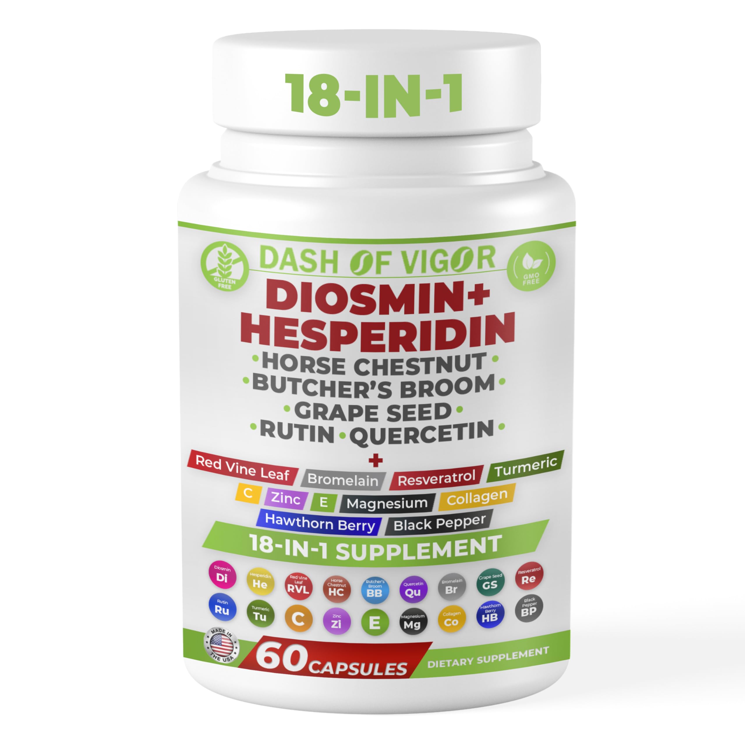 Dash of Vigor 18-in-1 Diosmin Hesperidin Supplement, Quercetin with Bromelain, Zinc, Vitamin C with Rutin Supplement, Horse Chestnut Extract, Butcher's Broom Extract, USA, 60 Capsules DASH OF VIGOR DOFV Au supplements