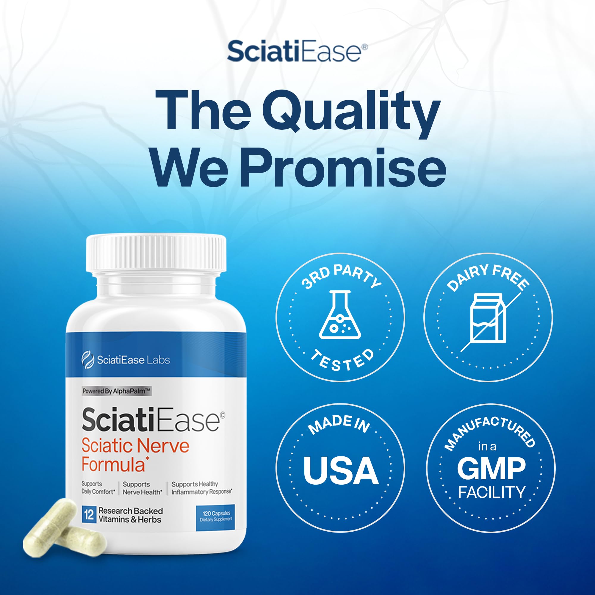 SciatiEase Sciatic Nerve Health Support Supplement - Nerve Support Formula with AlphaPalm, Pea, Vitamin B Complex, Alpha Lipoic Acid 300mg - 120 Capsules SciatiEase Au supplements