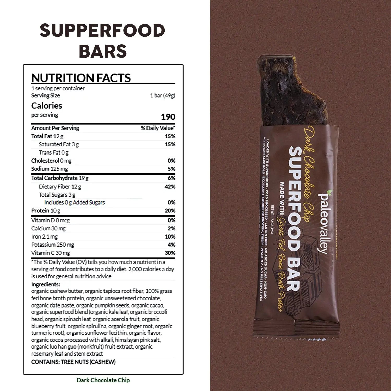 Paleovalley Superfood Bars – Dark Chocolate Chip– 10 Pack – 9g Protein per Bar – Gluten-Free, Grain-Free, Paleo, Non-GMO – On-the-Go Snack Paleovalley Au supplements