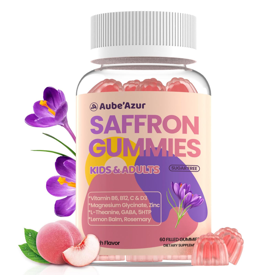 Saffron Gummies for Kids Adults 88.5mg, 15-in-1 Saffron Supplements for Kids, with B6, B12, C, D3, Magnesium Glycinate, Zinc for Nerve, Rest, Focus, Sugar Free, Vegan, Non- GMO, Peach Flavor, 60 Count Aube'Azur Au supplements
