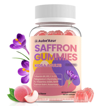Saffron Gummies for Kids Adults 88.5mg, 15-in-1 Saffron Supplements for Kids, with B6, B12, C, D3, Magnesium Glycinate, Zinc for Nerve, Rest, Focus, Sugar Free, Vegan, Non- GMO, Peach Flavor, 60 Count Aube'Azur Au supplements