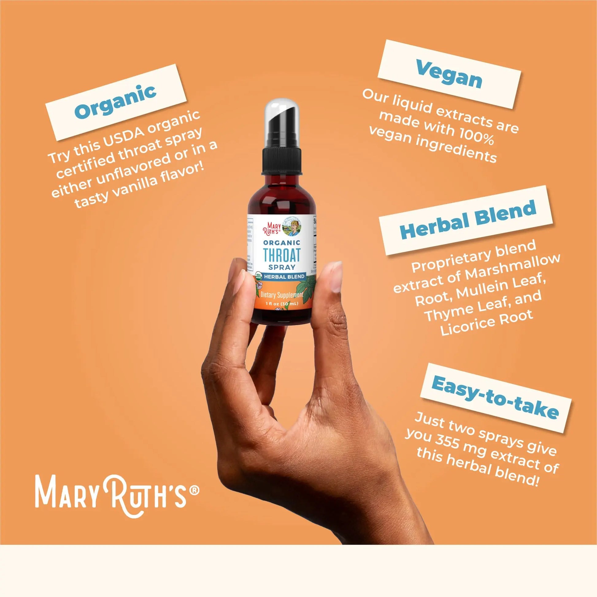 MaryRuth Organics USDA Organic Throat Spray with Mullein Leaf | Marshmallow Root & Licorice Root & Thyme Leaf | 4 Herbal Blend | Non-GMO | Vegan | Gluten Free | 1 Fl Oz | Up to 100 Servings MARYRUTH'S Au supplements