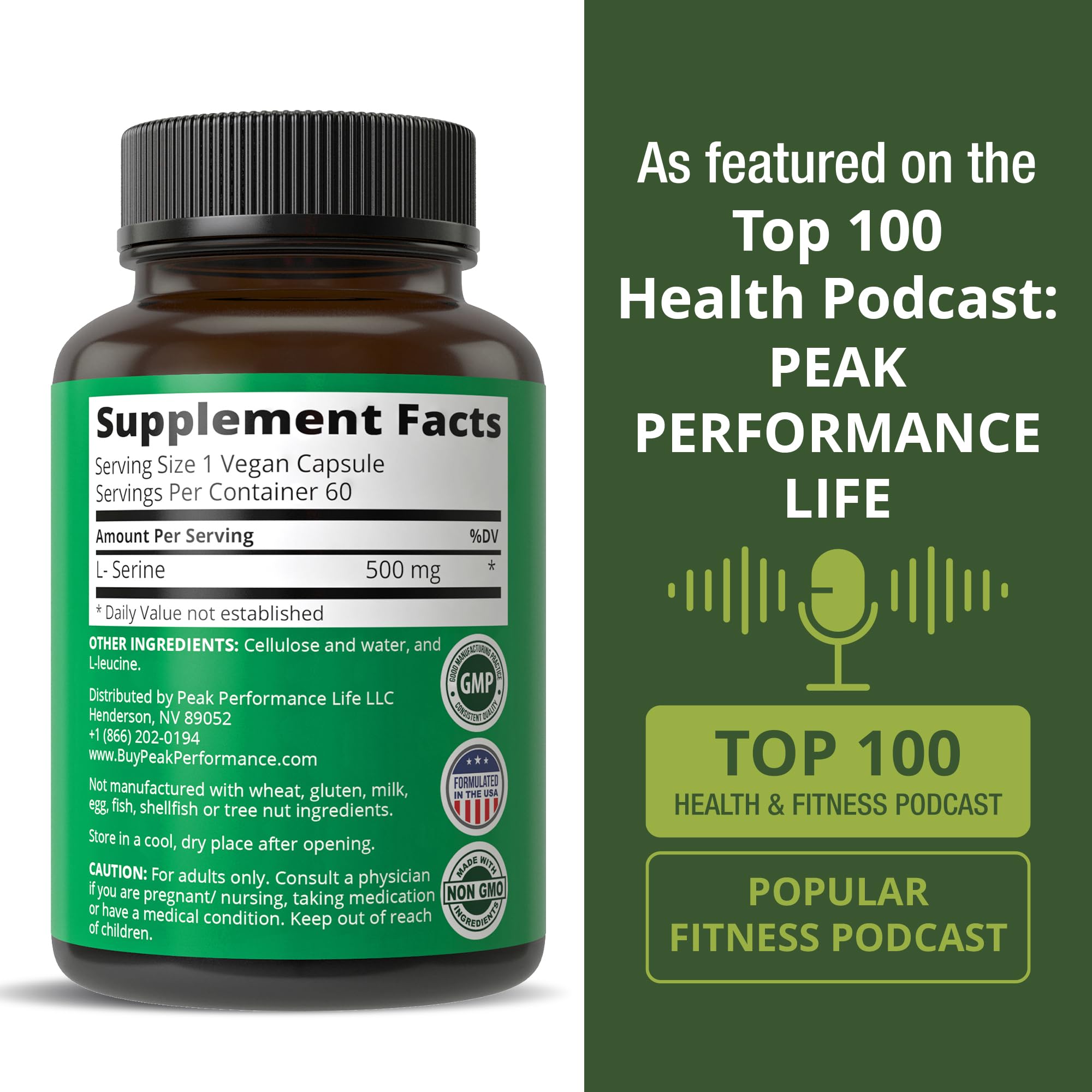 Peak Performance L-Serine Capsules 500mg Best Brain and Nootropic Amino Acids for Production of L-Cystine, L-Tryptophan and Serotonin. USA Grade L Serine Pills. Non-GMO Supplement (60 Servings) Peak Performance Au supplements