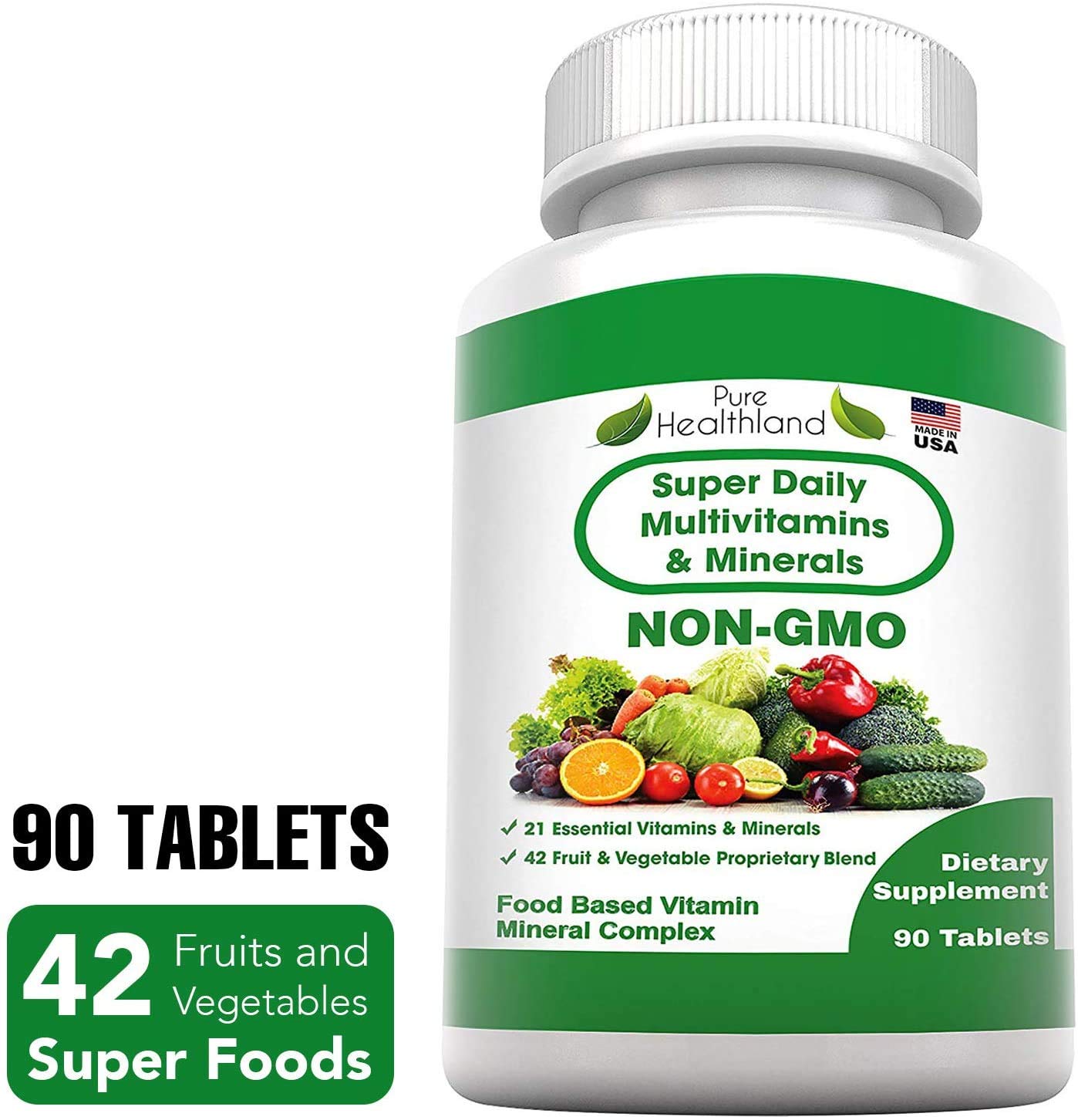 Pure Heathland Non-GMO Super Daily Multivitamin for Adults – 42 Natural Fruits & Vegetables Blend with 21 Essential Vitamins & Minerals – Vegan Coating Tablets, 90 Count, Made in USA Pure Healthland Au supplements