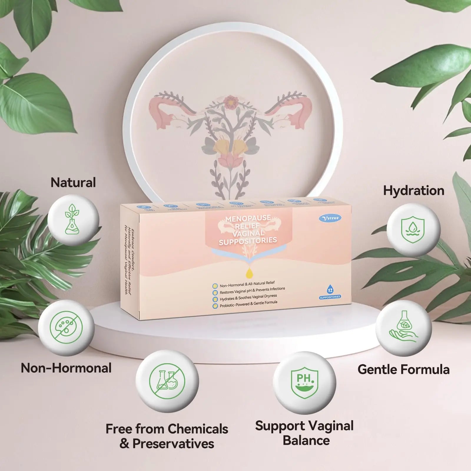Vetrue Menopause Relief Vaginal Suppositories, Non-Hormonal, All-Natural Formula with Boric Acid, Hyaluronic Acid, Probiotics, Coconut Oil & Vitamin E, Soothes Vaginal Dryness & Discomfort(12 Inserts) vetrue Au supplements