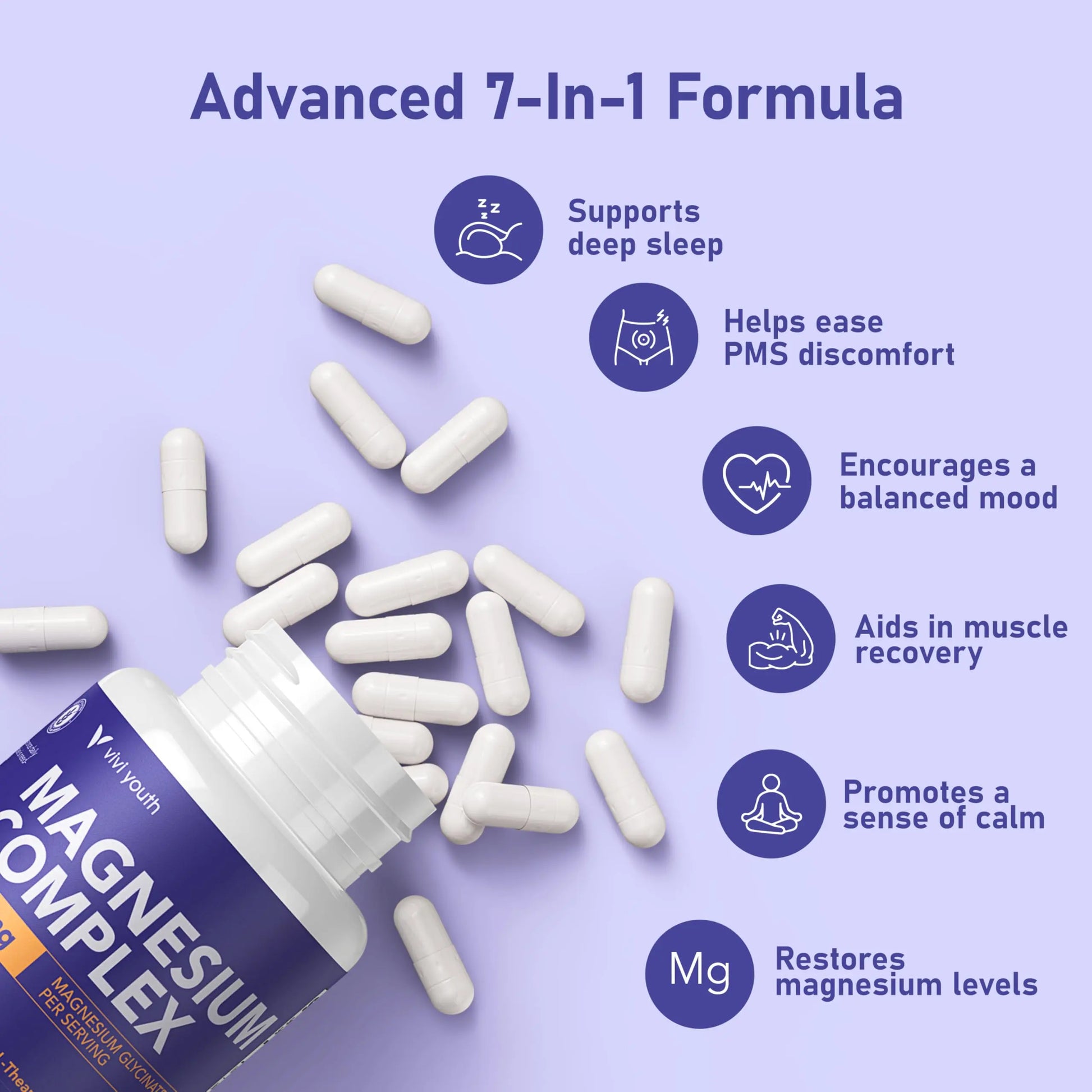 Magnesium 7 Complex for Women 1600mg, Magnesium Glycinate 600mg 7 High Absorption Magnesium Supplement with Citrate, Malate, Chelate, Taurate, Gluconate, Aspartate & Ascorbate for Sleep, 60 Capsules VIVI Youth Au supplements