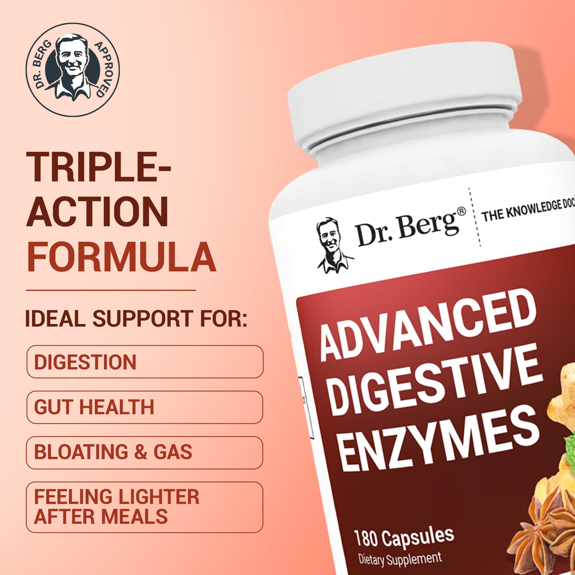 Dr. Berg Advanced Digestive Enzymes with Apple Cider Vinegar - Includes Digestive Health Ingredients Like Betaine Hydrochloride (HCI), Ginger Root & Peppermint Leaf - 180 Capsules Dr. Berg Nutritionals Au supplements