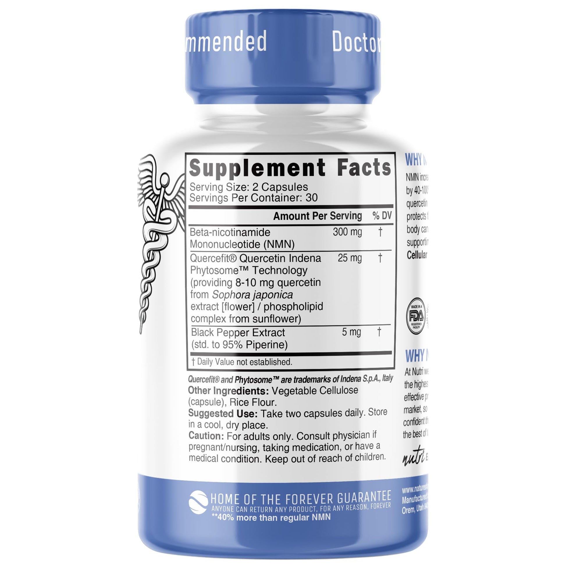 NMN Supplement 300mg NAD Supplement - Nutri Ultra High Absorption Stabilized NMN Nicotinamide Mononucleotide, 40% More NAD+ with Quercetin Phytosome & Black Pepper - mnm supplement (60 Capsules) Nature's Fusions Au supplements