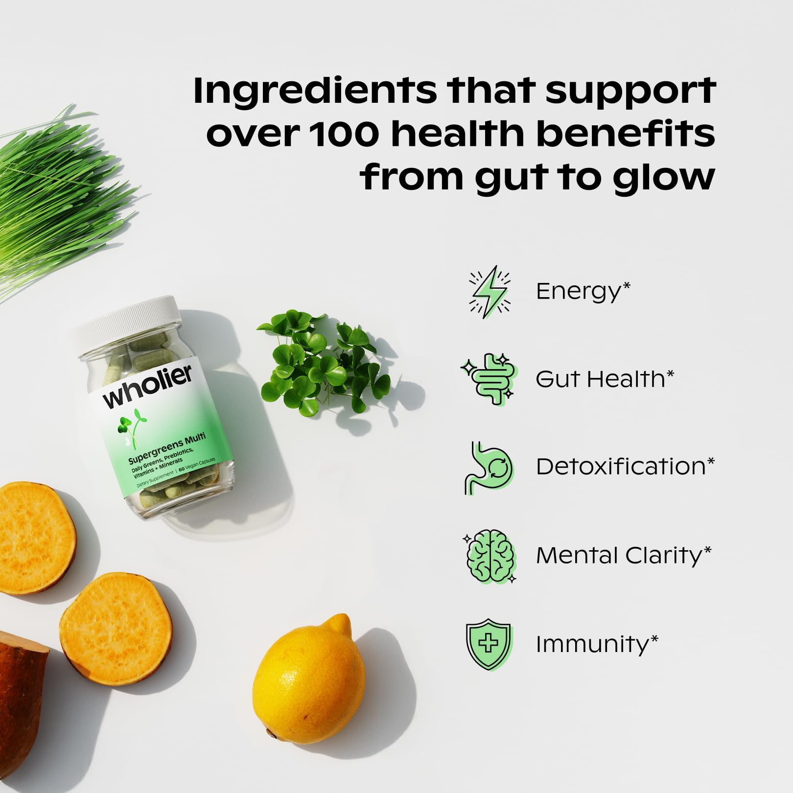 wholier Supergreens Multi, Daily Greens, Vegan Multivitamin for Women + Men, Whole Food Vitamins + Minerals, Prebiotics for Gut Health, Adaptogens (60 Vegan Capsules) Glass Bottle wholier Au supplements