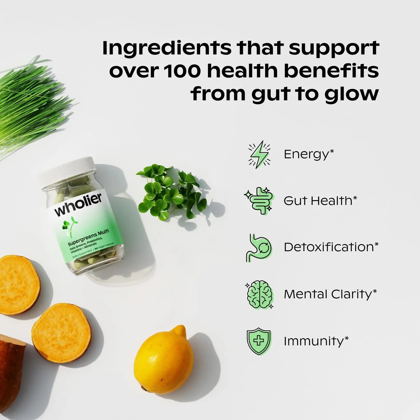 wholier Supergreens Multi, Daily Greens, Vegan Multivitamin for Women + Men, Whole Food Vitamins + Minerals, Prebiotics for Gut Health, Adaptogens (60 Vegan Capsules) Glass Bottle wholier Au supplements
