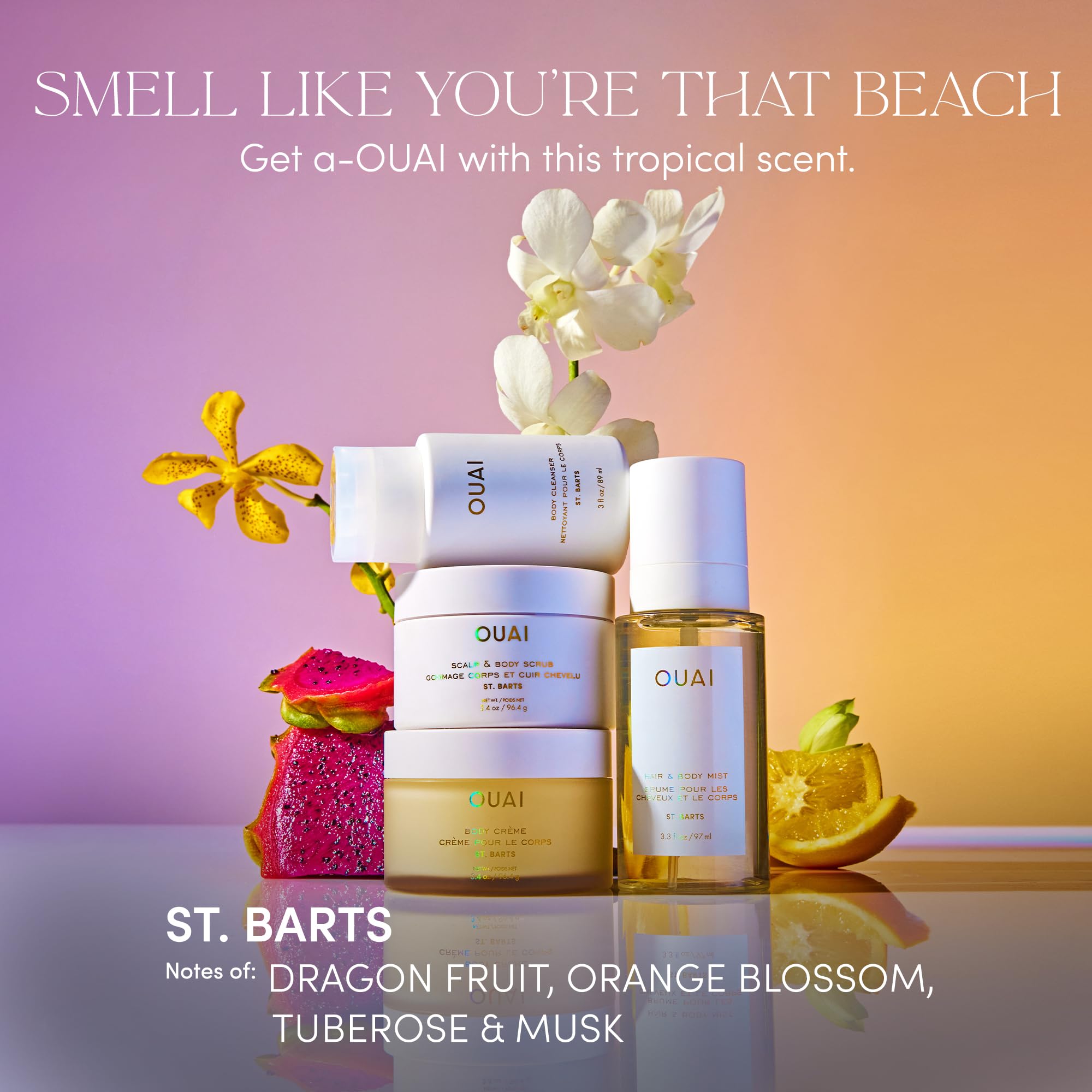 OUAI St. Barts Travel Bundle - Includes Travel Size Scalp & Body Scrub, Foaming Shower Gel, Hydrating Cream, and Hair & Body Mist (4 Count, 3.4 Oz/3.4 Oz/3 Oz/3.3 Oz) OUAI Au supplements