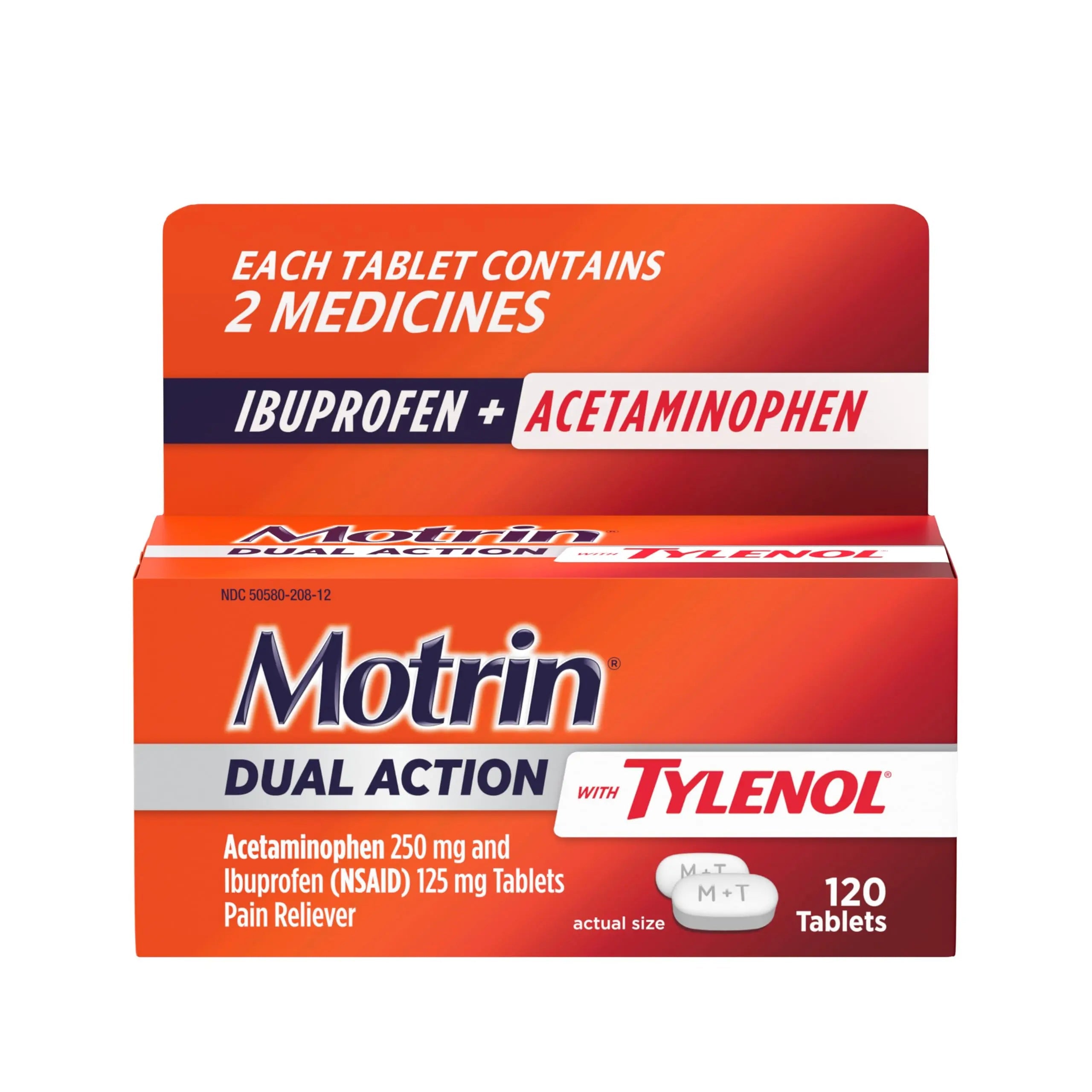 Motrin Dual Action with Tylenol, Ibuprofen & Acetaminophen Fast-Acting Dual Action Pain Reliever for Minor Aches & Pains, Ibuprofen (NSAID) 125 mg & Acetaminophen 250 mg, 120 ct Motrin Au supplements