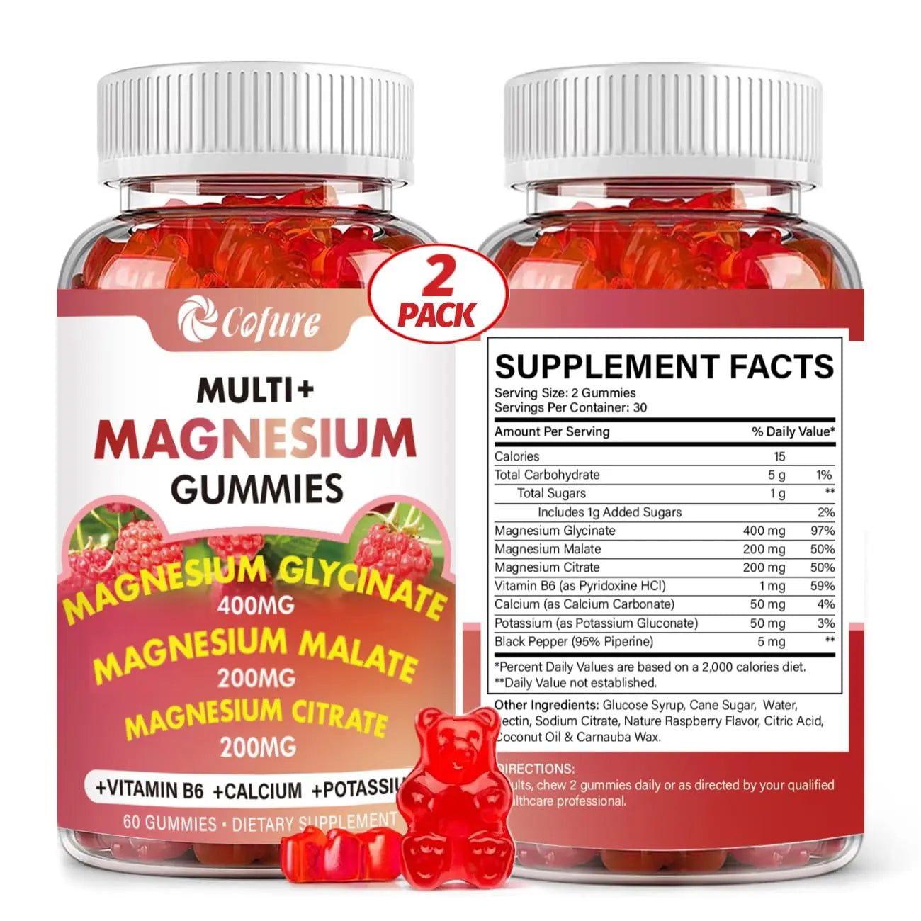 Cofure Triple Magnesium Complex 900 mg, Magnesium Glycinate, Citrate, Malate with Potassium, Calcium, Vitamin B6 for Calm & Sleep - Vegan, Non-GMO, Gluten Free - 120 Raspberry Gummies for Adults Cofure Au supplements