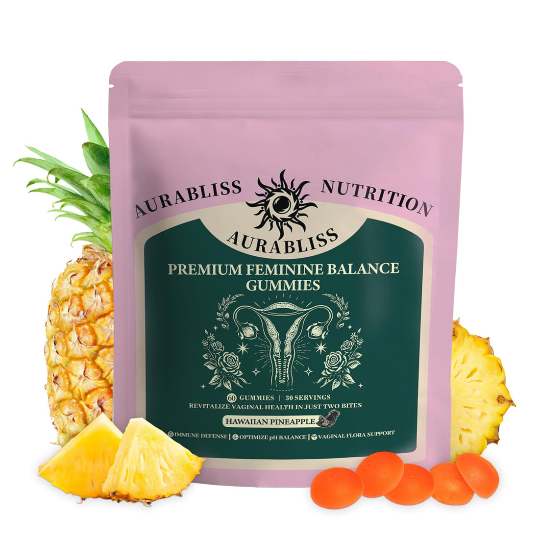 Premium Feminine Balance Gummies for Women - Hawaiian Pineapple Gummies for Women PH Balance Wellness, Immune Support, Vegan Daily Supplement for Odor and Flora Health , 60 Counts - 30 Servings Aurabliss Au supplements
