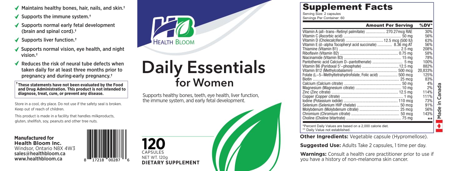 Daily Essentials for Women| 120 Capsules | Health Bloom | Vitamins and Minerals Capsules | Health Bloom Inc. Au supplements