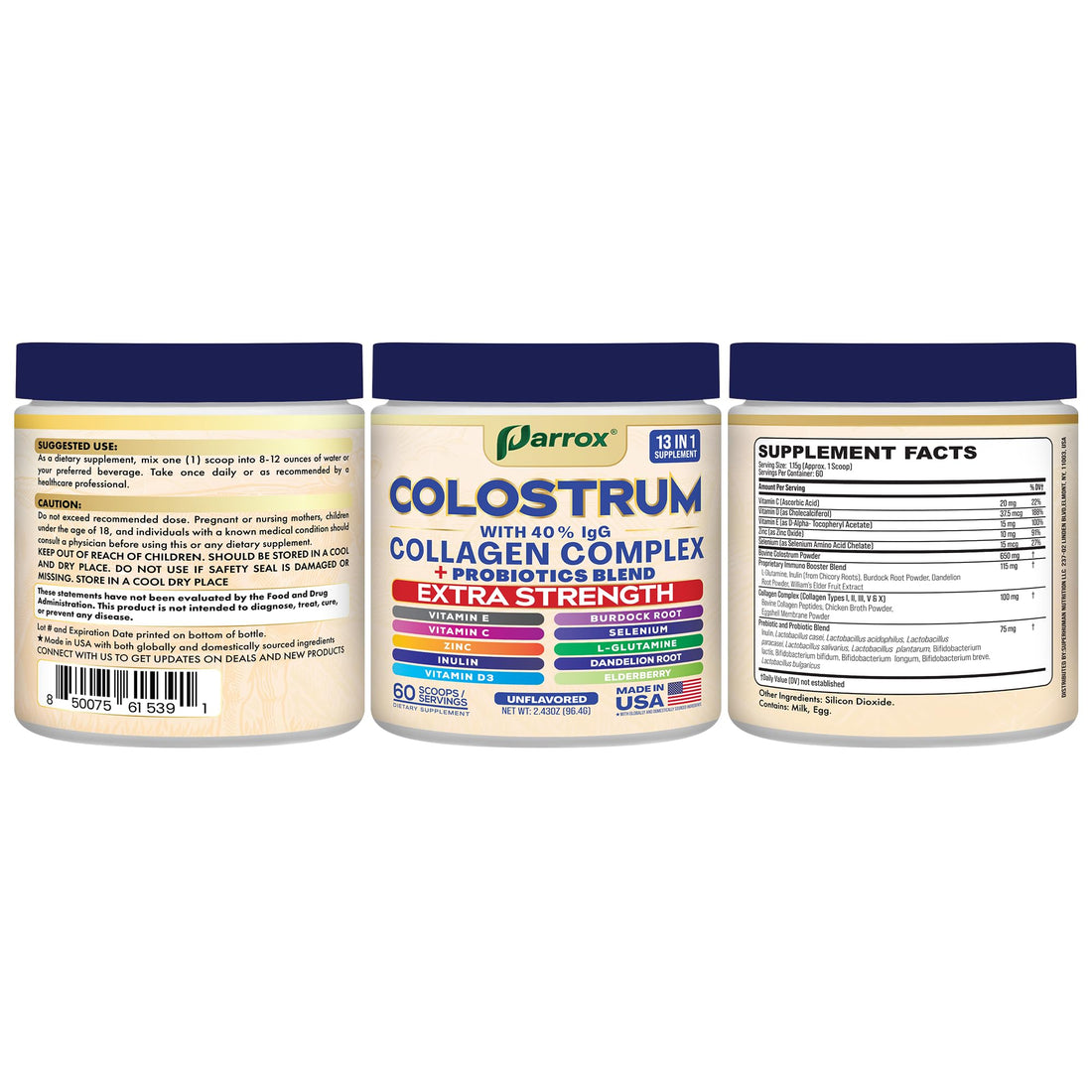 Parrox Colostrum Powder with 40% IgG, Collagen, Probiotics, Burdock Root, L-Glutamine, Elderberry, Vitamin C, Vitamin E, Vitamin D3, Inulin, Selenium, Dandelion Root, Zinc, 60 Servings (Unflavored) Parrox Au supplements