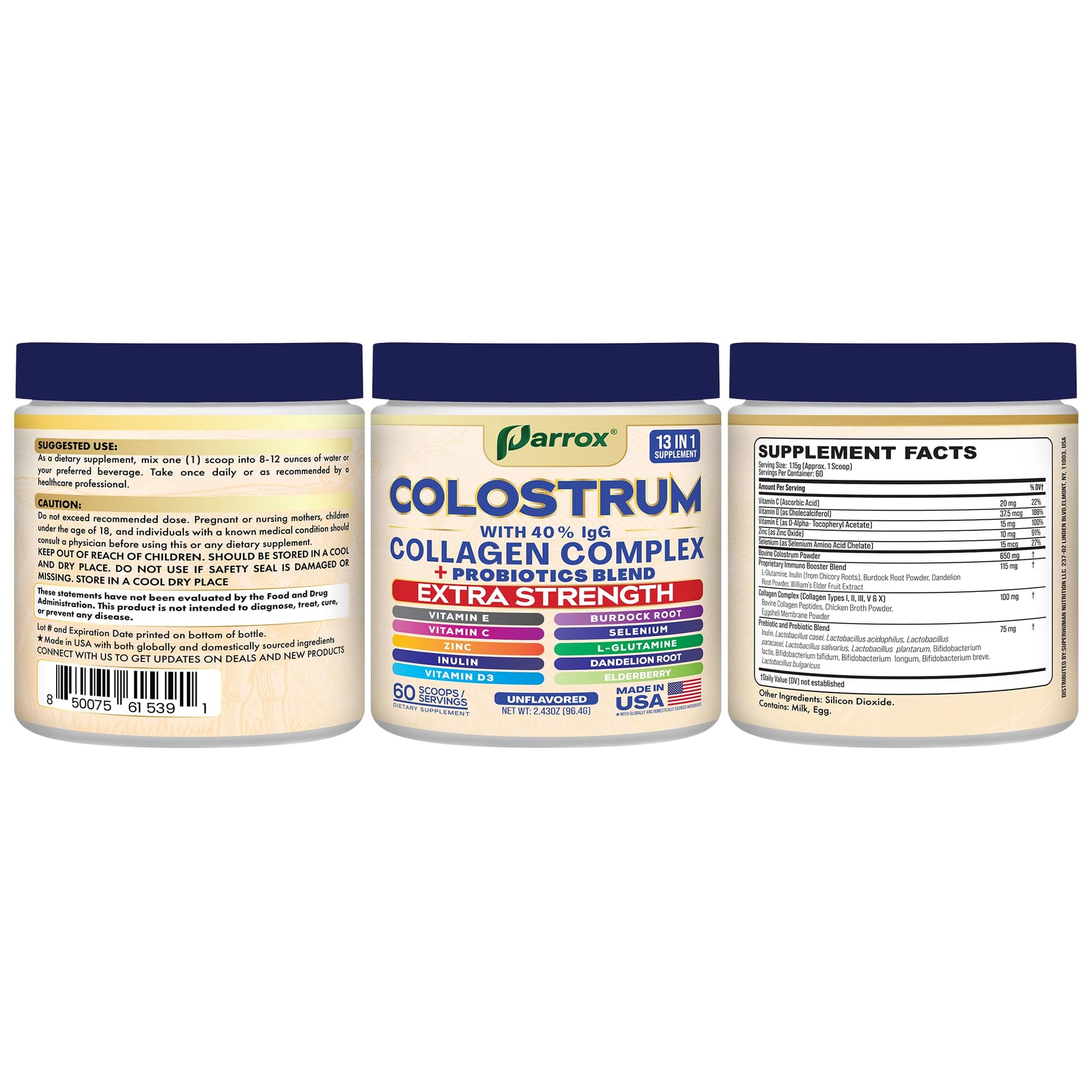 Parrox Colostrum Powder with 40% IgG, Collagen, Probiotics, Burdock Root, L-Glutamine, Elderberry, Vitamin C, Vitamin E, Vitamin D3, Inulin, Selenium, Dandelion Root, Zinc, 60 Servings (Unflavored) Parrox Au supplements