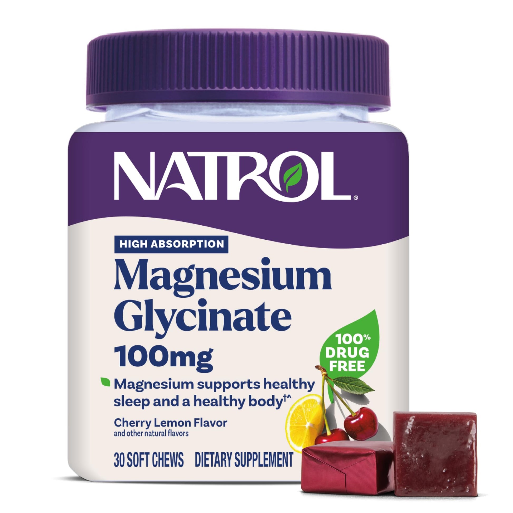 Natrol Magnesium Glycinate Supplements 100mg, Cherry Lemon Soft Chews for Healthy Sleep and Body, Magnesium Glycinate 100mg, Up to a 30 Day Supply Natrol Au supplements