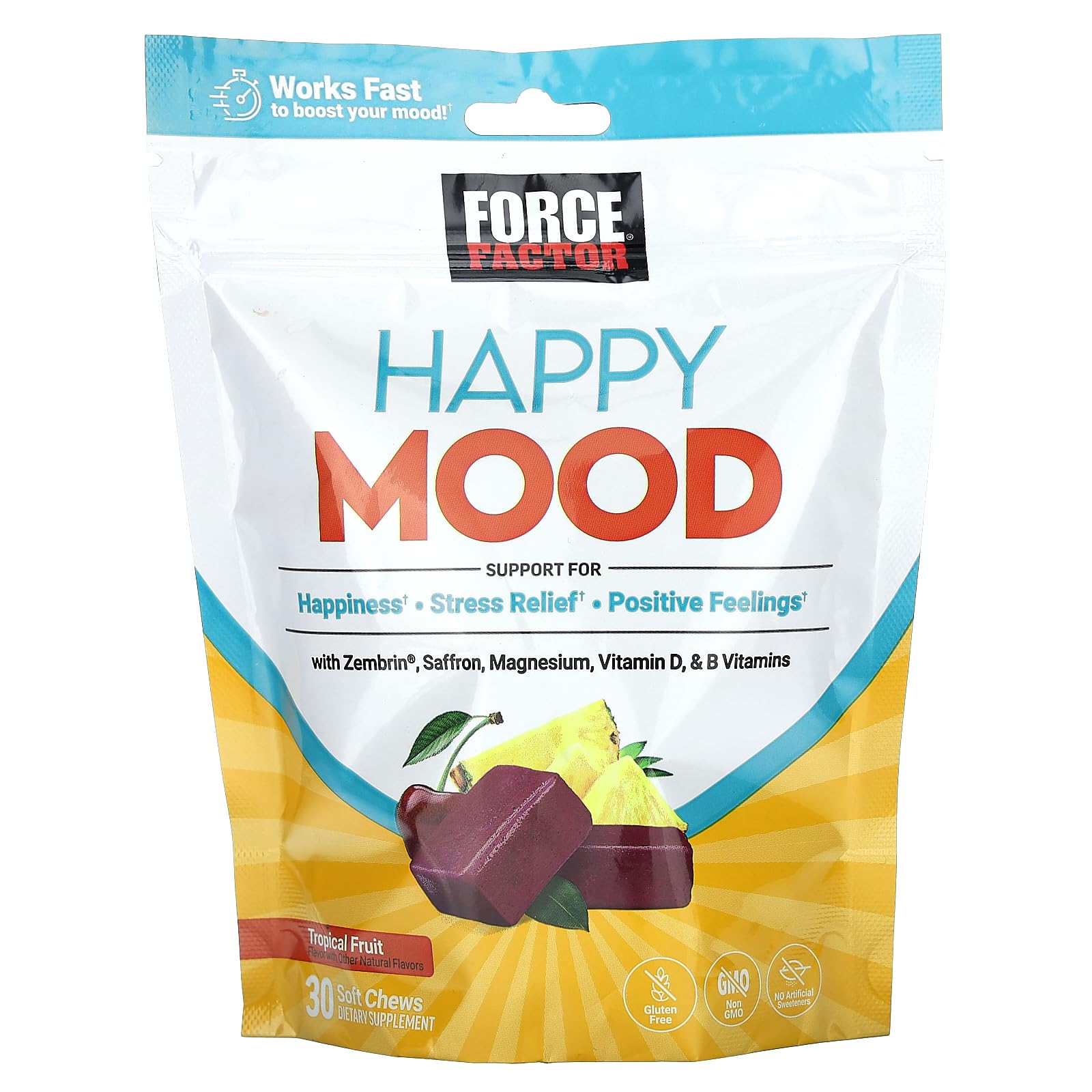 FORCE FACTOR Happy Mood, Mood Support and Mood Balance Supplement to Support Happiness, Positivity, and Stress, Made with Magnesium, Saffron, Zembrin, Non-GMO, Tropical Fruit Flavor, 30 Soft Chews Force Factor Au supplements