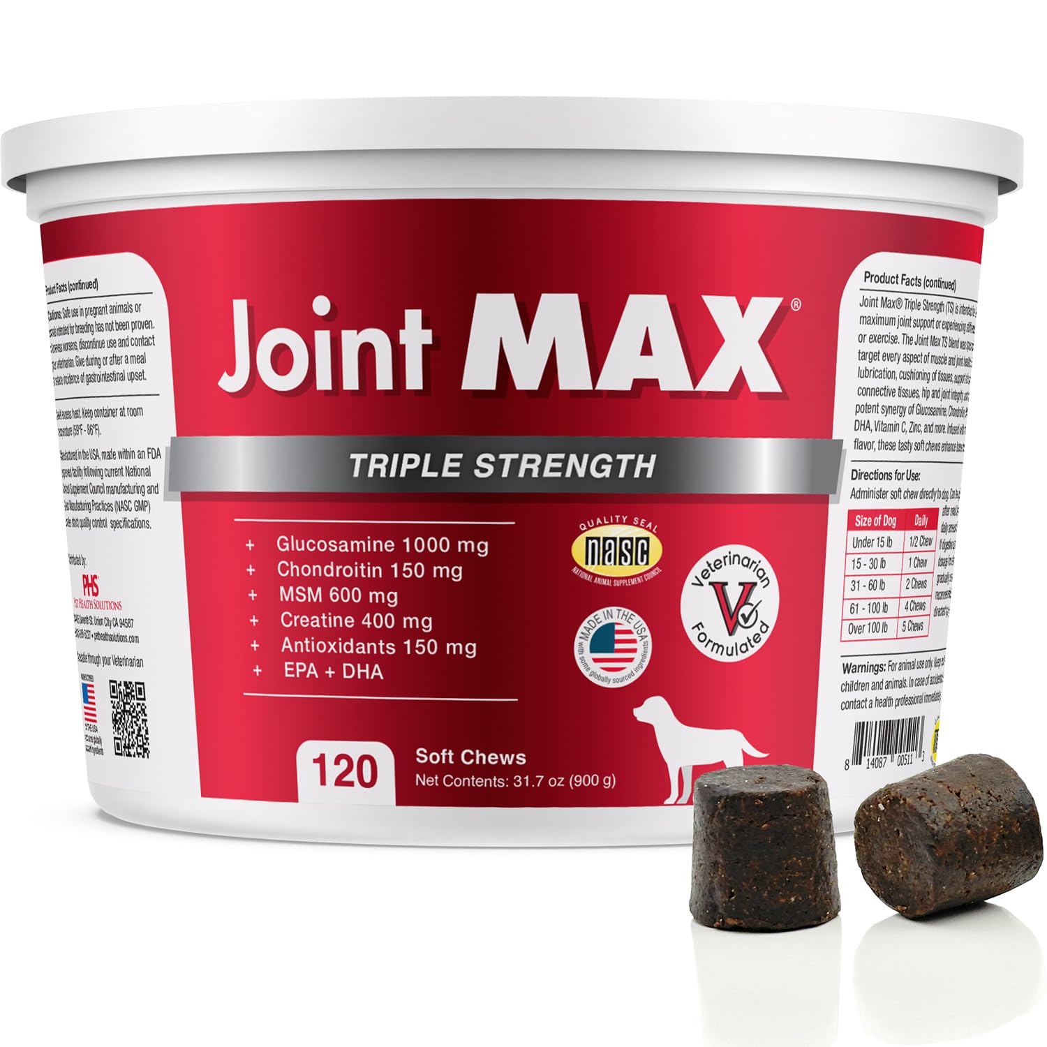 Joint Max TS Joint Supplement Vet Formulated Pain & Inflammation Relief Treats Hip Dysplasia & Arthritis, Glucosamine, Chondroitin, Turmeric, MSM, HA, Creatine, Omega 3 EPA + DHA.120 Soft Chews Joint Max Au supplements