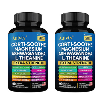 Auivty Cortisol Manager & Adrenal Support - Cortisol Reducer for Stress Relief, Calm & Sleep - 13-in-1 Adaptogen with Ashwagandha & Magnesium - 180 Capsules (2-Pack) Auivty Au supplements