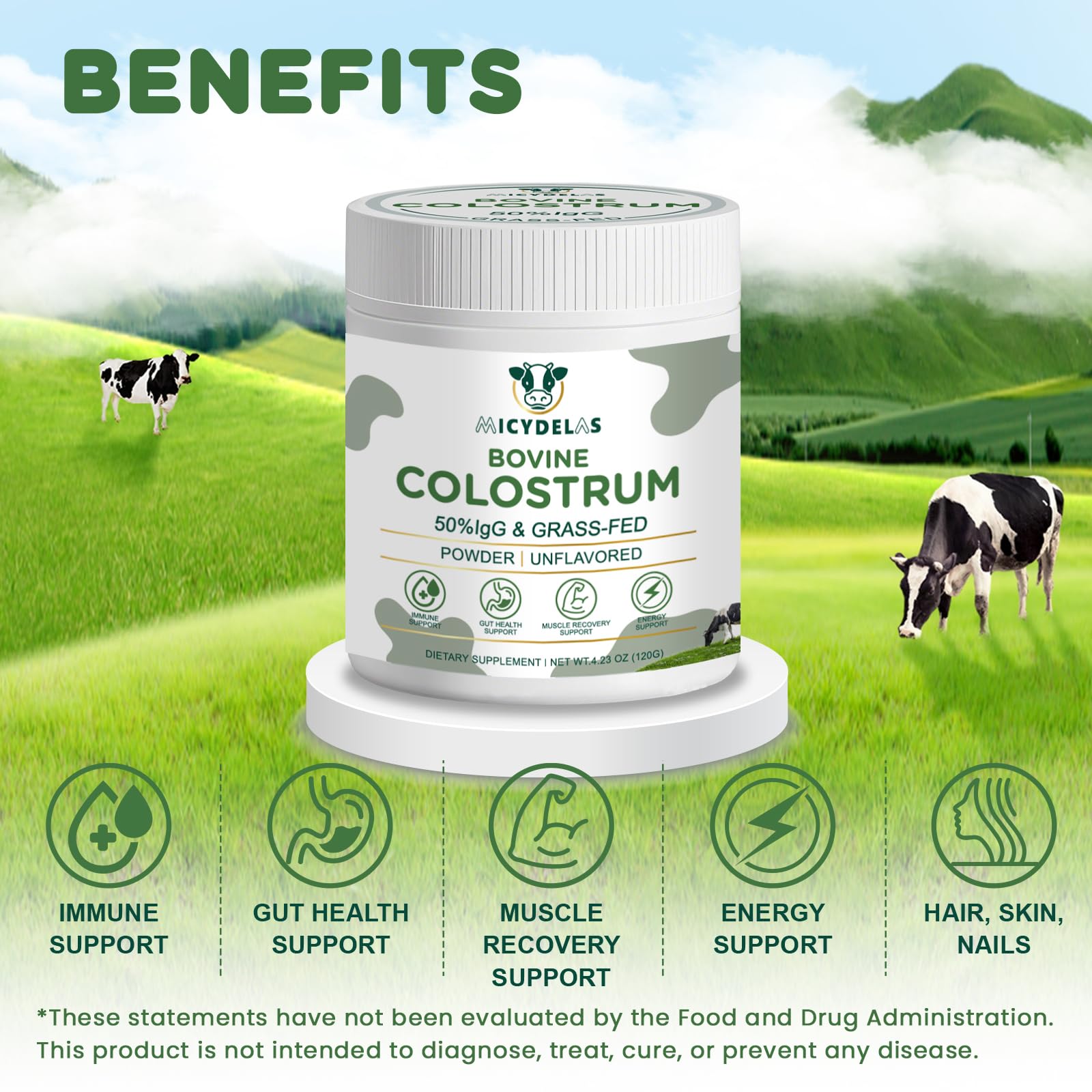 MICYDELAS Bovine Colostrum Supplement Powder 50% IgG Premium Bovine Colostrum for Gut Health Support, Immune Support, Muscle Recovery & Overall Wellness, Grass Fed, Non-GMO, Unflavored, 60 Servings MICYDELAS Au supplements