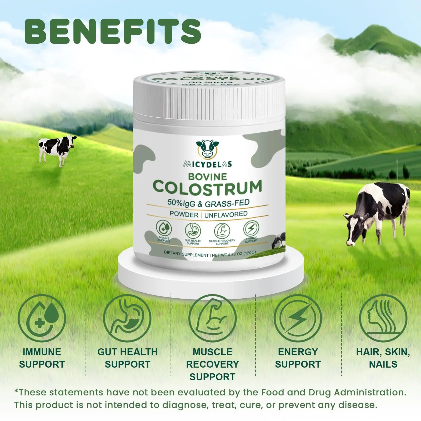 MICYDELAS Bovine Colostrum Supplement Powder 50% IgG Premium Bovine Colostrum for Gut Health Support, Immune Support, Muscle Recovery & Overall Wellness, Grass Fed, Non-GMO, Unflavored, 60 Servings MICYDELAS Au supplements