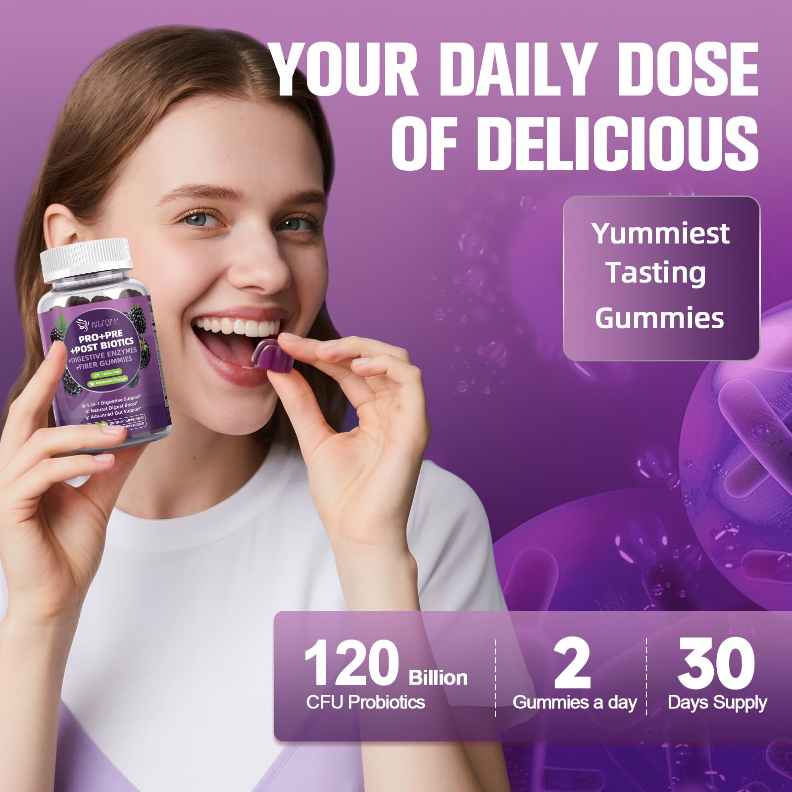 Migcopat Pre Post Probiotics Gummies, 5 in 1 Probiotic Prebiotic Postbiotic Digestive Enzymes with Fiber, 120 Billion CFU Probiotics Complete Gut Support, Sugar Free, Vegan, BlackBerry Flavor, 60 Cts Migcopat Au supplements