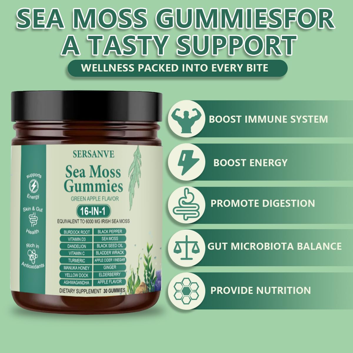 Sea Moss Gummies 16-in-1, with Black Seed Oil, Ashwagandha & Elderberry | Organic Irish Sea Moss Supplement for Men & Women | Daily Support with Manuka, Burdock Root & Vitamins C & D3, 30 Gummies SERSANVE Au supplements