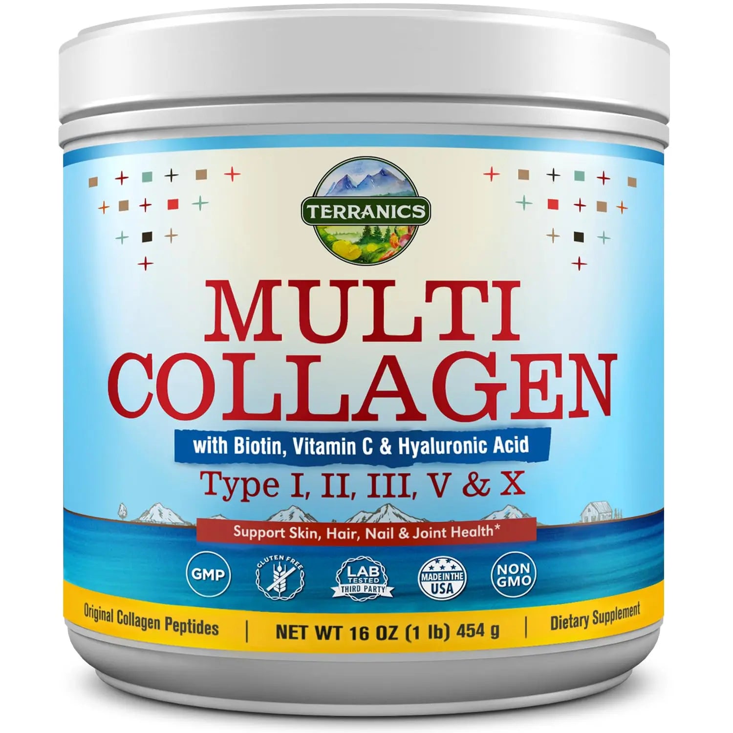 Terranics Multi Collagen Powder Type I II II V X with Biotin VC Hyaluronic Acid, Paleo Terranics Au supplements