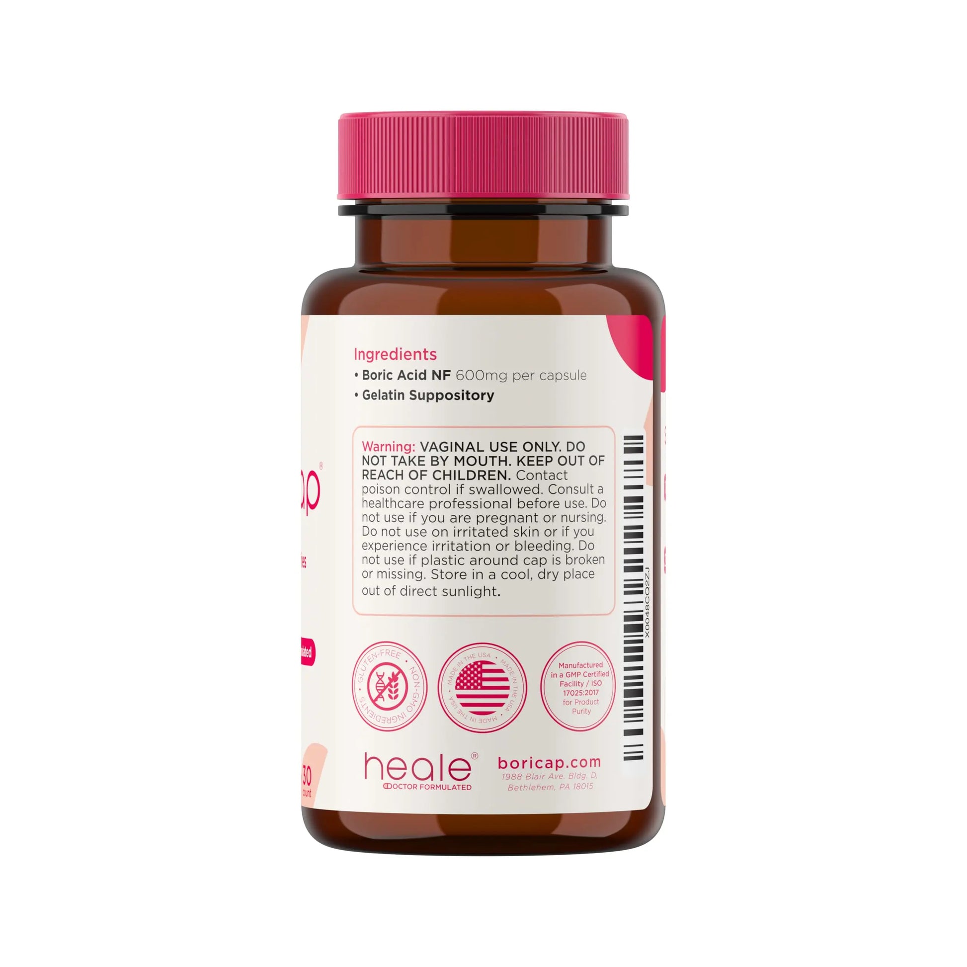 BoriCap - Boric Acid Suppositories for Women - 600 mg - Vaginal Health & Balance, Itch & Odor - Natural Relief - Feminine Care - Feminine Hygiene Products - Made in USA by Heale - 30 Capsules BoriCap Au supplements