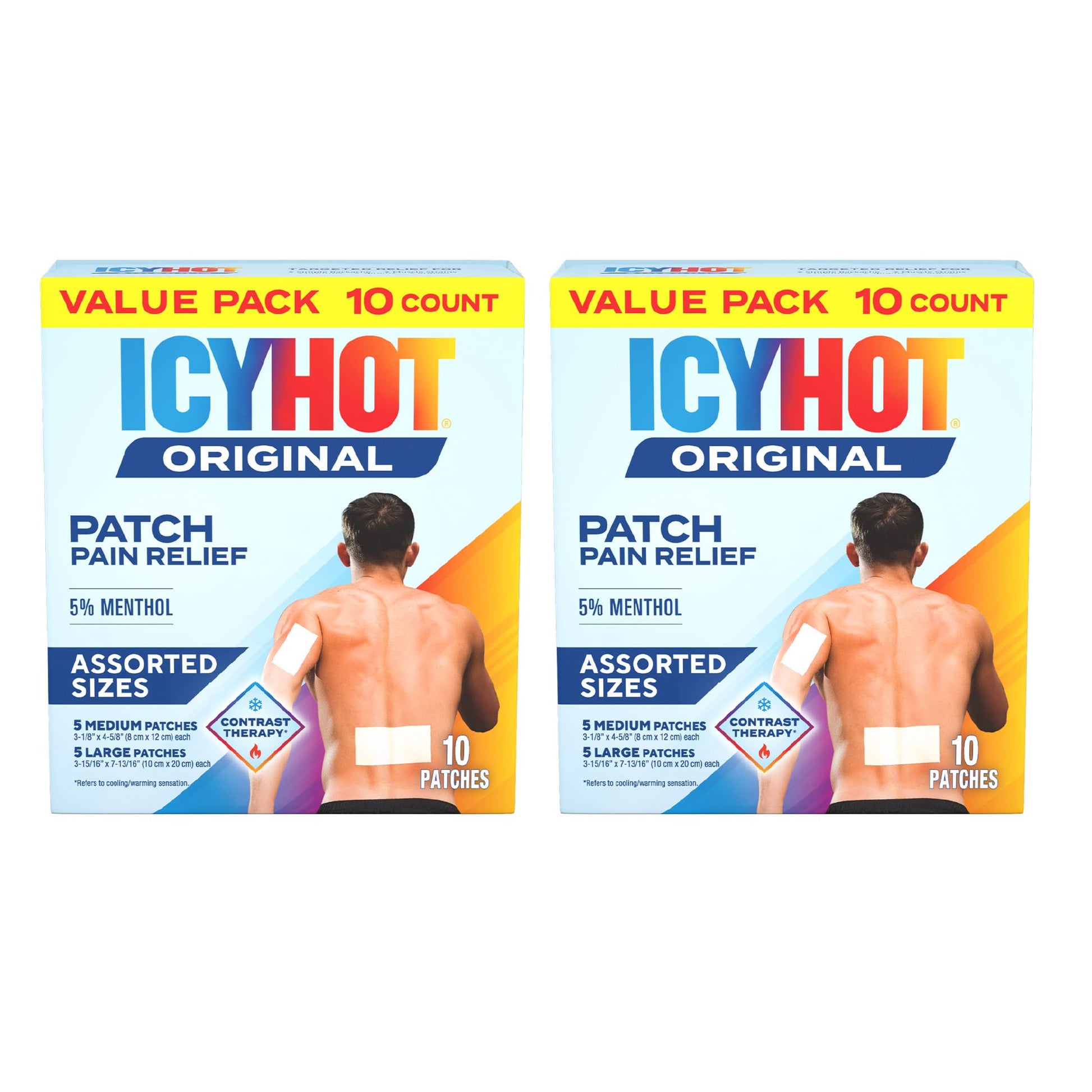 Icy Hot Original Pain Relief Patch Variety Pack with 5% Cooling Menthol for Fast-Acting Muscle and Joint Pain Relief, 5 Medium and 5 Large Comfortable Fabric Patches, 10 Ct., 2 pk Icy Hot Au supplements