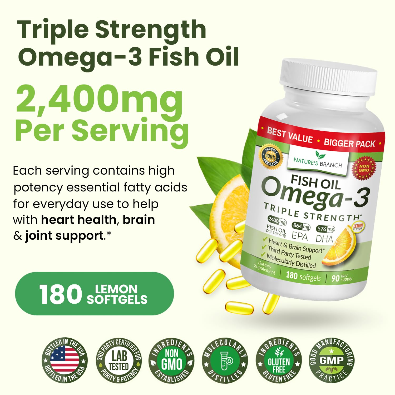 Triple Strength Omega 3 Fish Oil Supplements 2400mg | 180 Capsules, Burpless High Potency Lemon Flavor, High EPA DHA for Men & Women Ultra Pure Softgels