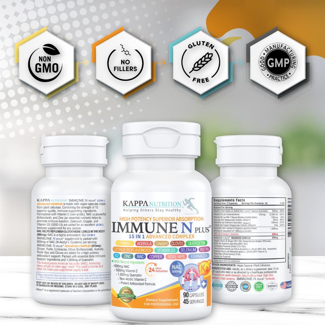 (60 Capsules), NAC 600mg, Quercetin 1,000mg, Vitamin C 500mg, Zinc 50mg, Vitamin D3 5,000iu, Selenium, Copper, Acerola, Ginger, Rutin, Citrus Bioflavonoids, Rose Hips, Echinacea, Immune N Plus 15 in 1 KAPPA NUTRITION Au supplements