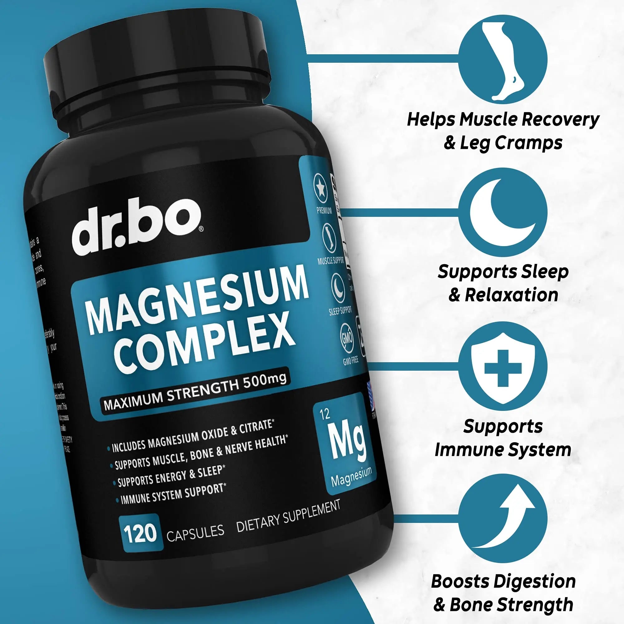 Magnesium Complex Supplement Capsules 500mg - Support Energy, Relaxation, Leg Cramps & Legs - Help Aid Muscle Support Supplements - High Absorption Premium Mag Citrate Oxide - 120 Capsules DR. BO Au supplements