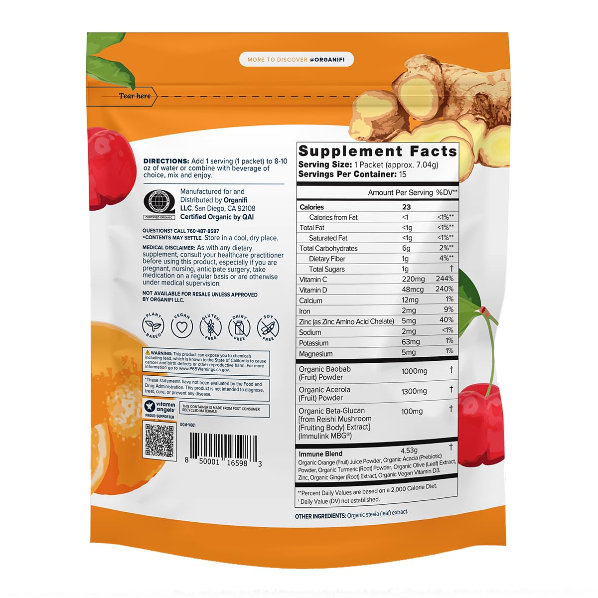 Organifi Immunity - Organic Superfood Immunity Support - 15 Single Serve Packets - Immunity Powder for T Cell Production and Upper Respiratory Health - Mushroom Beta Glucans, Vitamin C, D and Zinc Organifi Au supplements