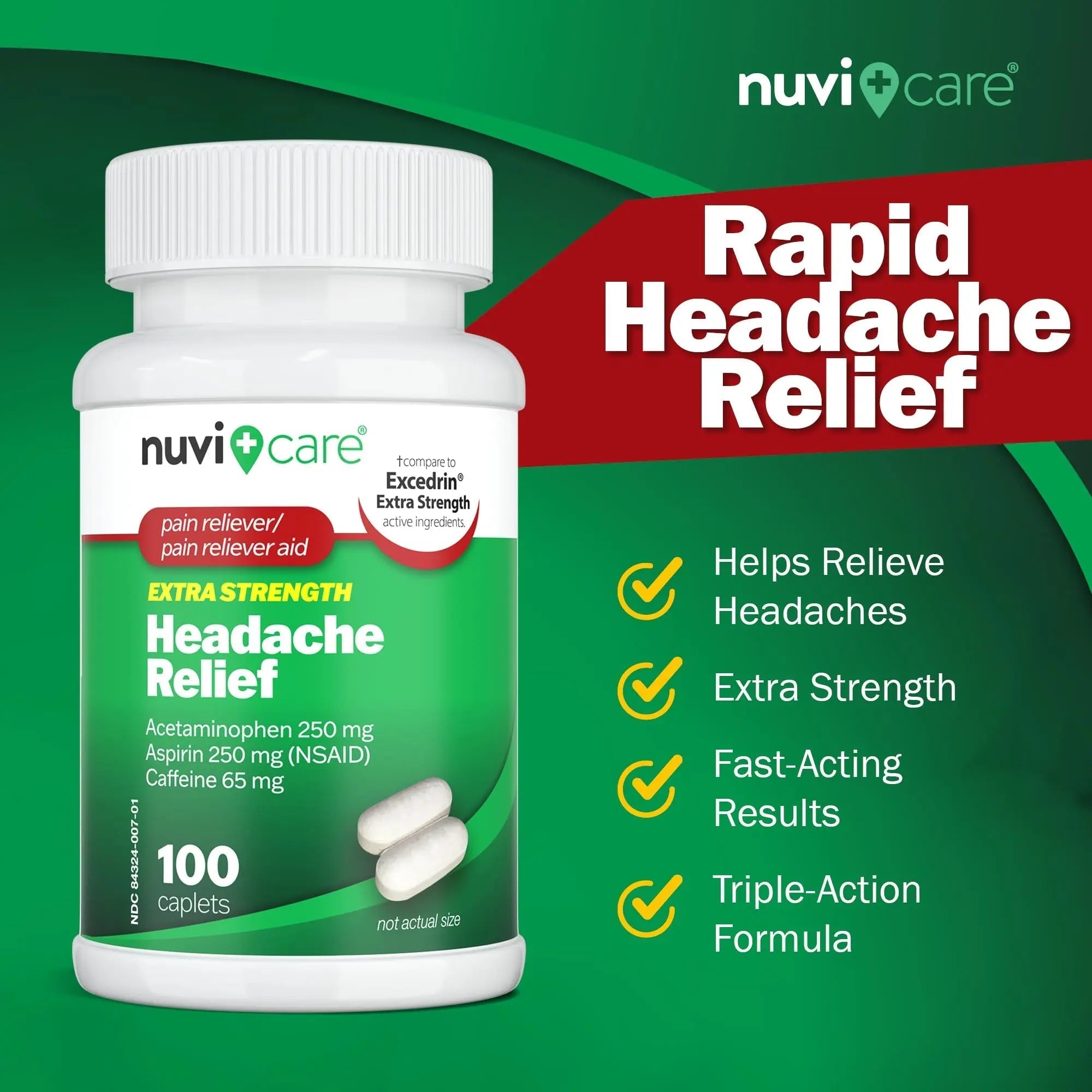 NUVICARE Headache Relief with Acetaminophen 250 mg, Aspirin (NSAID) 250 mg, Caffeine 65 mg - Temporary Relief of Minor Aches & Pains - Compare to Excedrin Extra Strength Pain Reliever (2 Pack) NUVICARE Au supplements