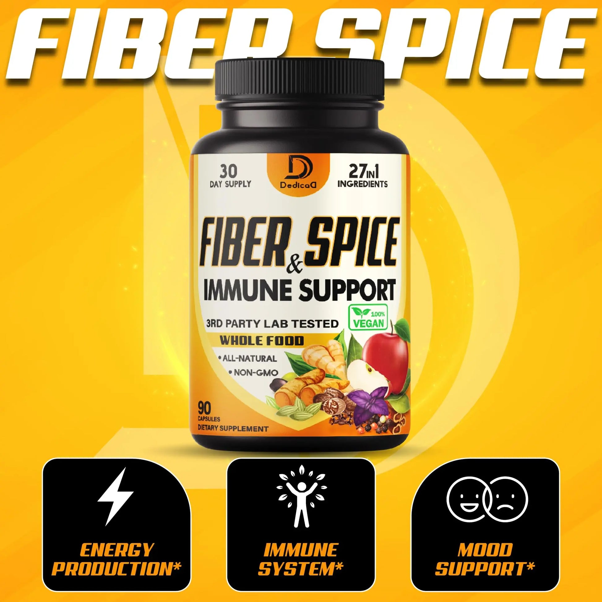 DEDICAD 27in1 Fiber and Spice Supplement - Combined with Organic Psyllium, Whole Apple, Elderberry & More - Support Mood, Body & Immunity - 90 Capsules for 1 Month DEDICAD Au supplements