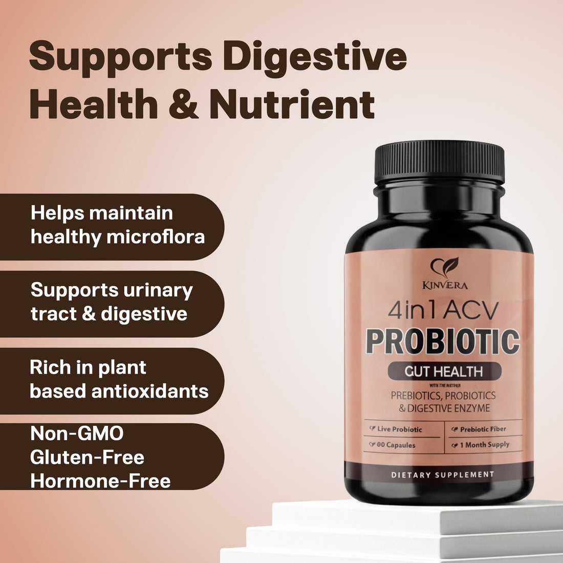 4-in-1 ACV Gut Formula – Apple Cider Vinegar, Prebiotics & Probiotics, Digestive Enzymes – Immune & Complete Digestion – 60 Veggie Capsules