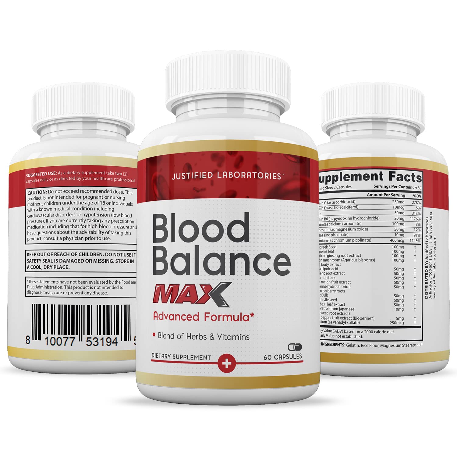 Justified Laboratories (2 Pack Blood Balance Max 1295MG Formula Supplement Pills 120 Capsules Justified Laboratories Au supplements