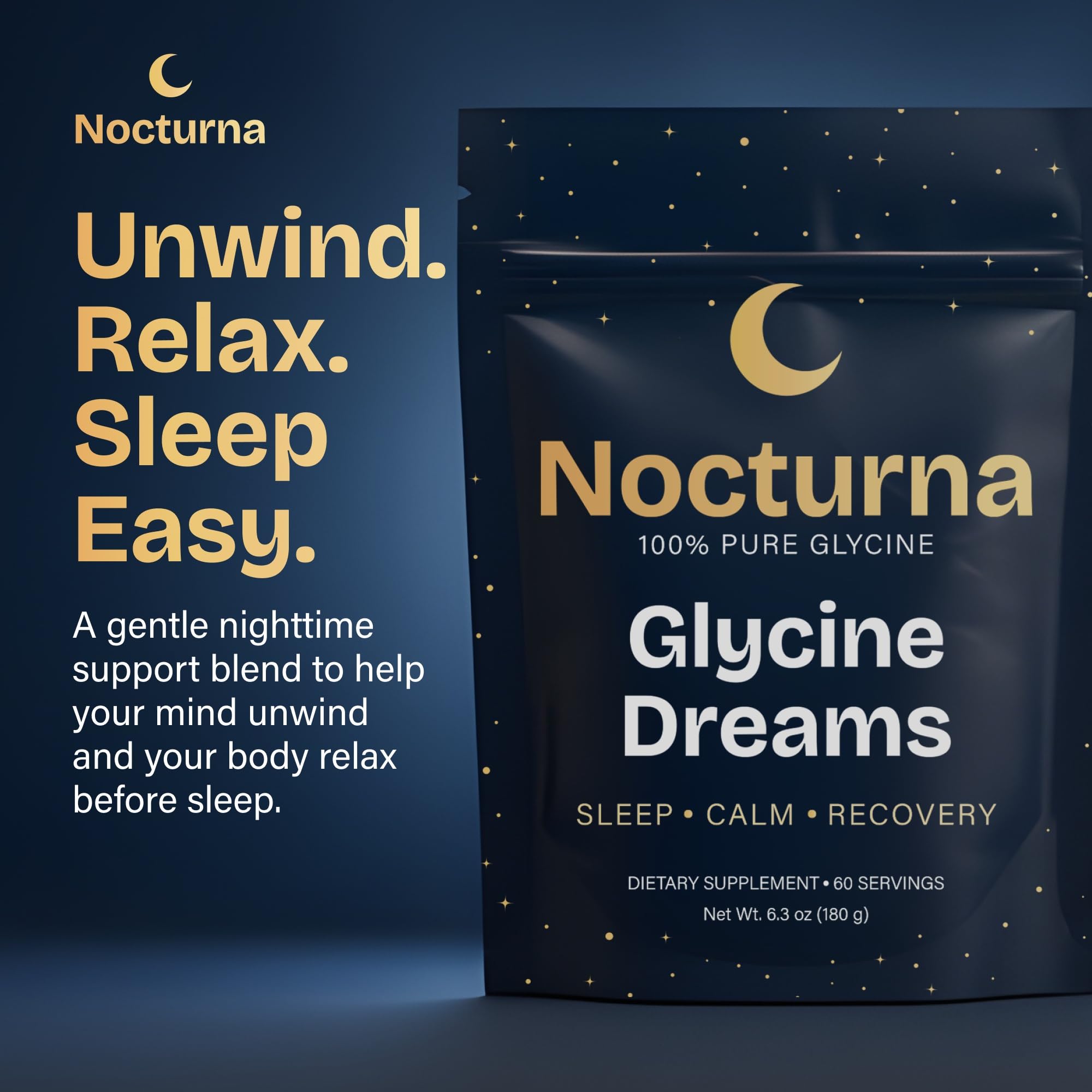 Nocturna Glycine Supplement – 100% Pure 3g Glycine Powder for Sleep, Calm & Recovery – USA Made Sleep Aid for Men & Women – Non-GMO & Completely Natural - 6.3Oz for 60 Servings Nocturna Au supplements