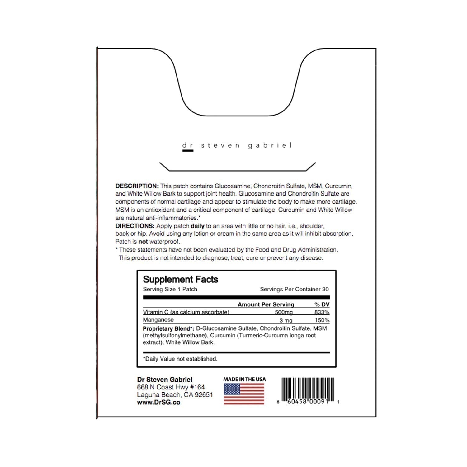 Dr. Steven Gabriel | Glucosamine Patch | Joint Relief, Improve Flexibility | Chrondroitin | 30 Day Supply DrSG Au supplements