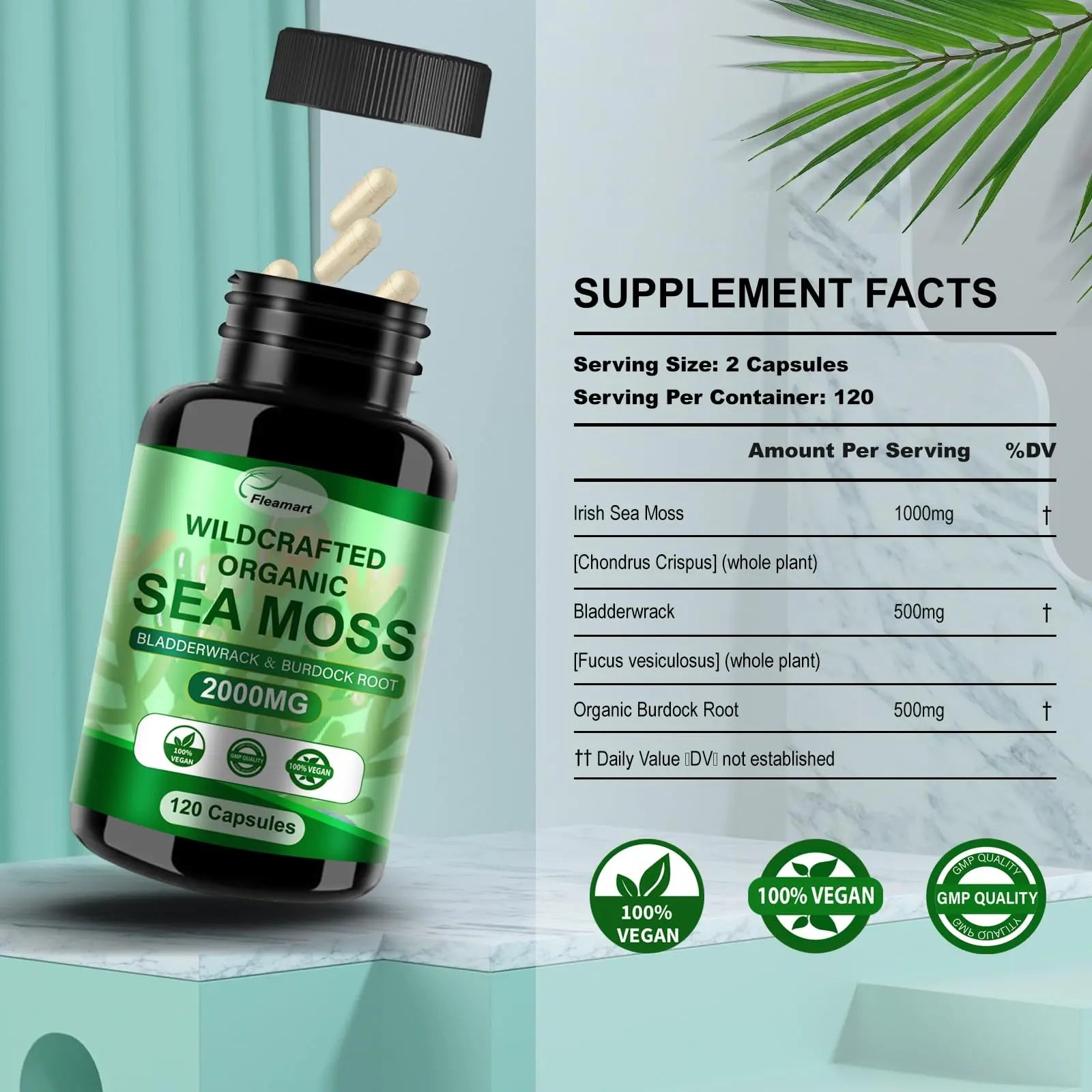 Fleamart Irish Sea Moss Capsules 120ct Raw Organic Sea Moss Wildcrafted Bladderwrack Fleamart Au supplements