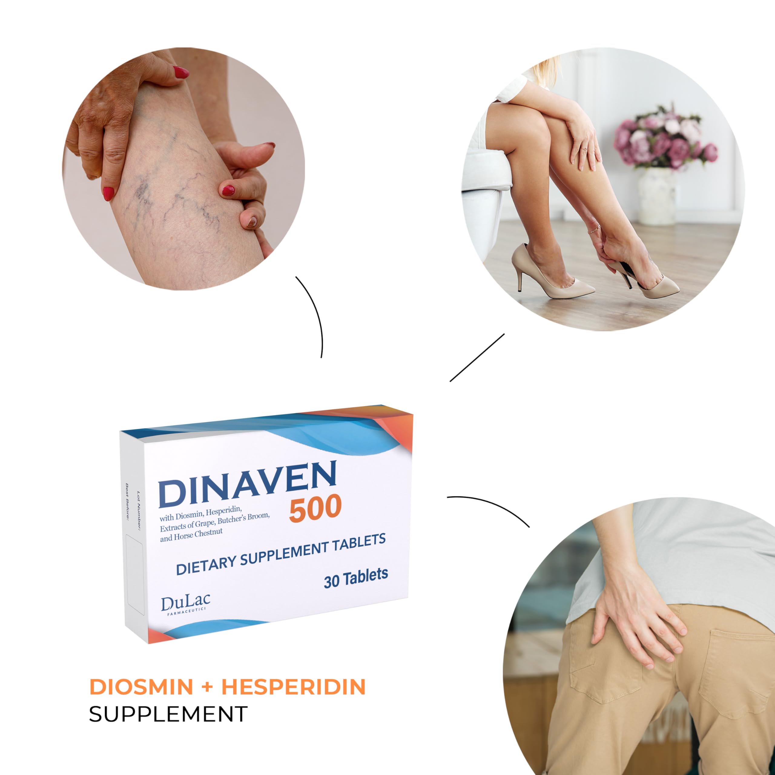 Dulac Dinaven 500, Micronized Diosmin Hesperidin Dietary Supplement 1000mg per serving, Horse Chestnut Extract, Butcher’s Broom & Red Grape Extract, Leg Circulation Support, 30 Tablets, Made in Italy DULÀC FARMACEUTICI 1982 Au supplements