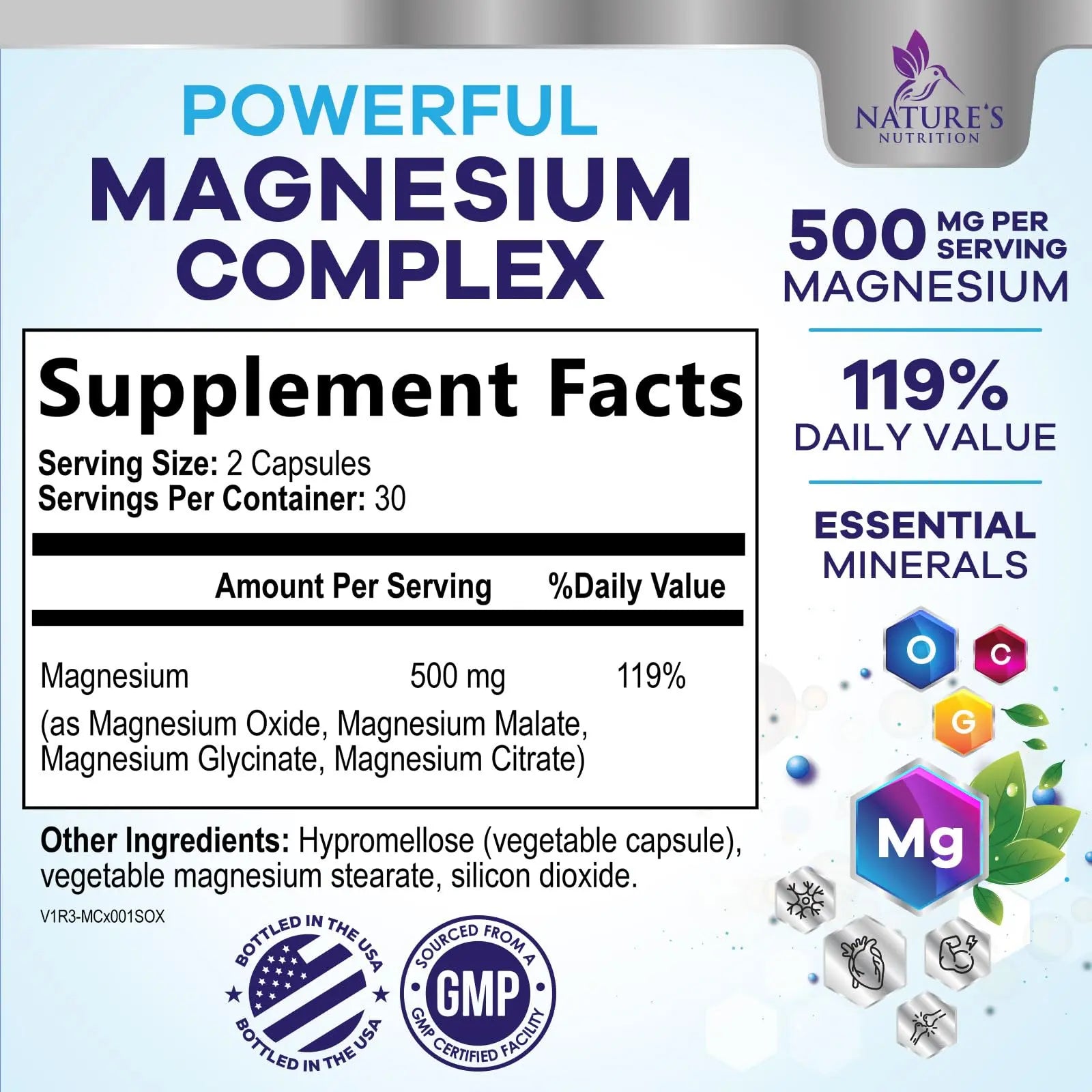 Magnesium Complex Supplement - Magnesium 500 mg Per Serving - 4 in 1 High Absorption Blend - 100% Chelated Magnesium Glycinate with Malate, Citrate & Oxide - Vegan Complex - USA Bottled - 60 Capsules Nature's Nutrition Au supplements