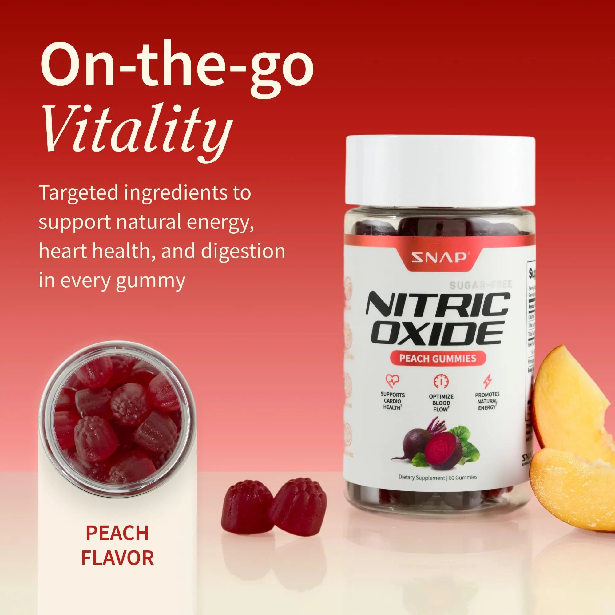 Snap Supplements Nitric Oxide Beet Root Gummies Supplement with Organic Beets - Energy & Circulation Support, 60 Sugar-Free Gummies (30 Servings, 1 Month Supply), Peach Snap Supplements Au supplements