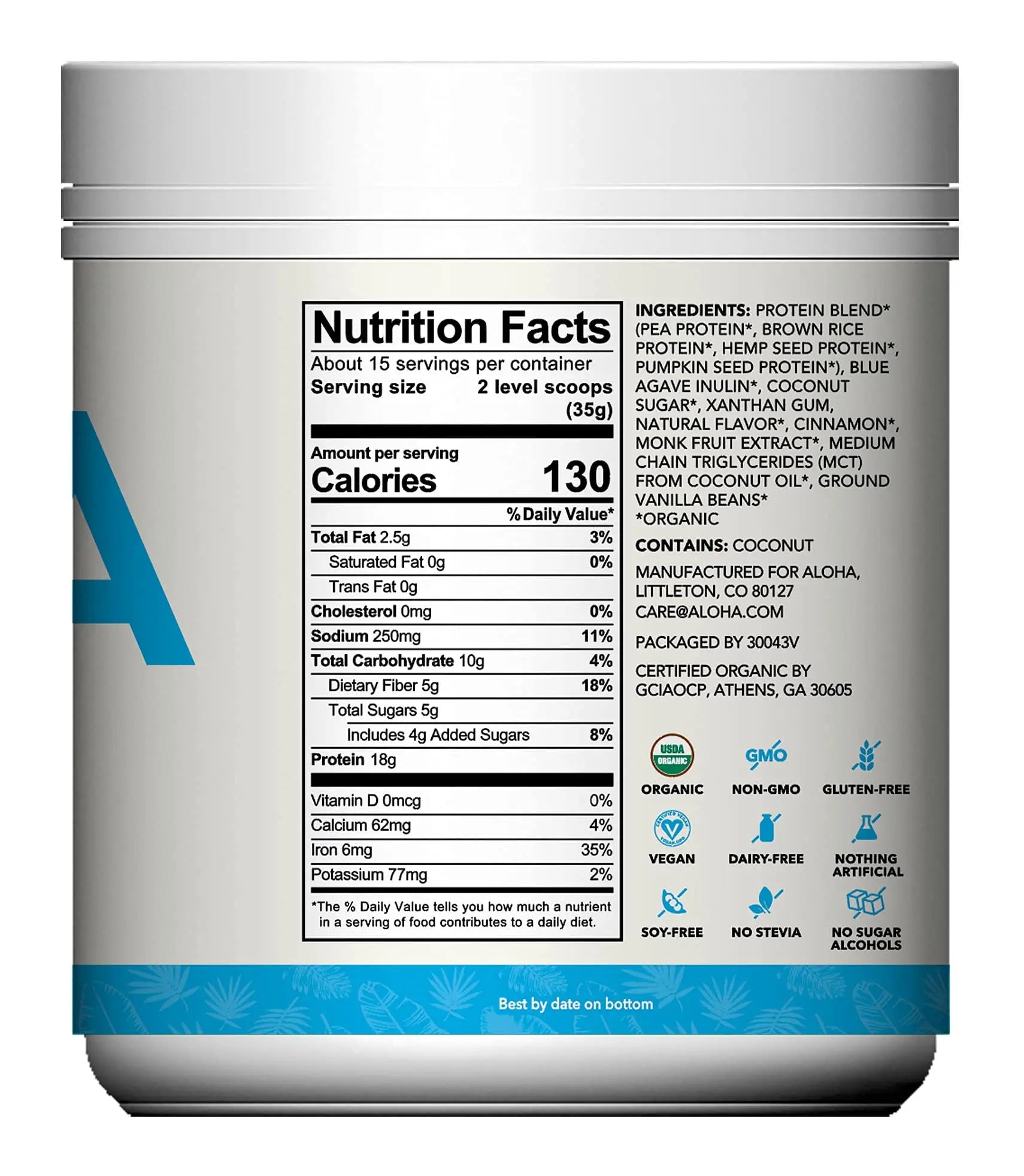 ALOHA Organic Plant Based Protein Powder, Stevia Free, Vanilla, 19.6 oz, 15 Servings PACKAGING MAY VARY ALOHA Au supplements