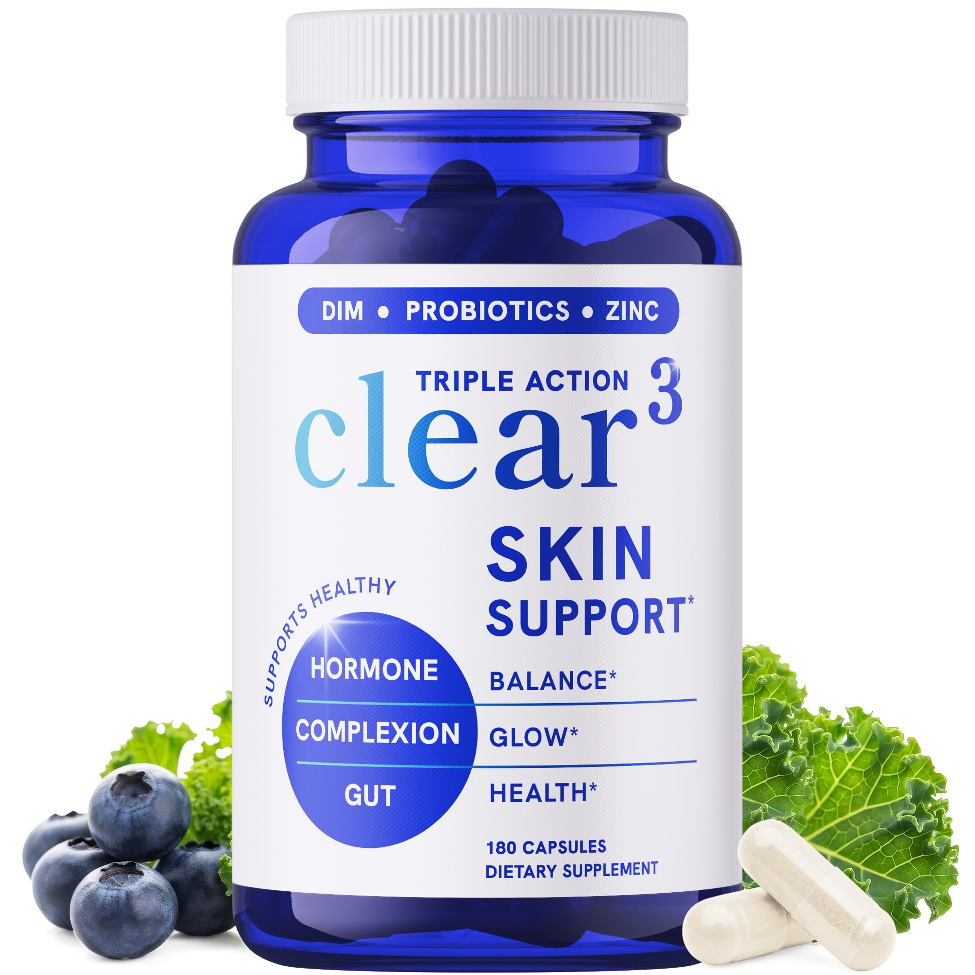 Clear Skin Supplement with Zinc, DIM & Probiotics | 3-in-1 Balance, Glow & Health Skin Support | Triple Action Hyaluronic Acid, Niaciminide & Vitamins for Hormone, Complexion & Gut Support | 180 Ct SMNutrition Au supplements